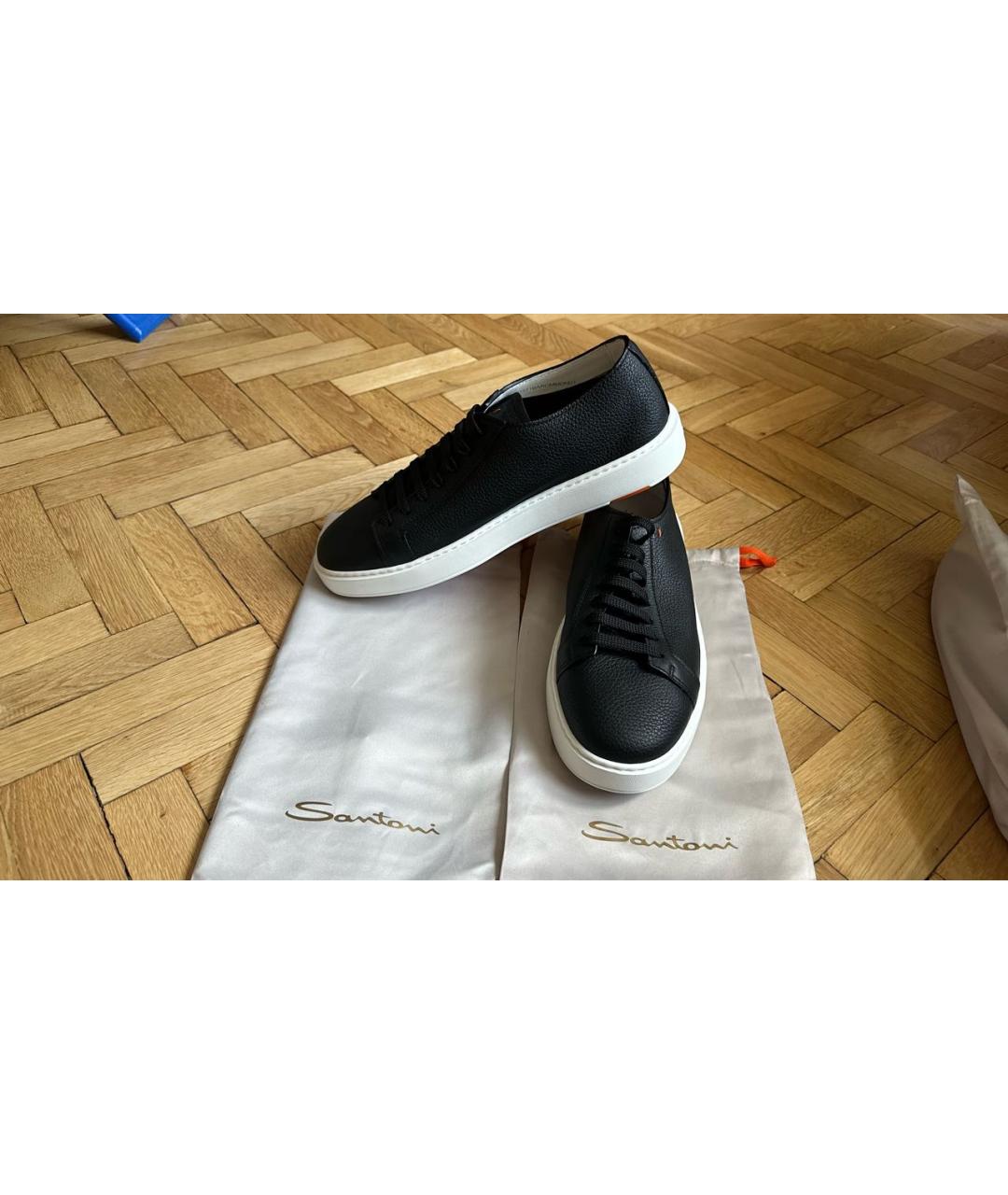 SANTONI Черные кожаные низкие кроссовки / кеды, фото 7