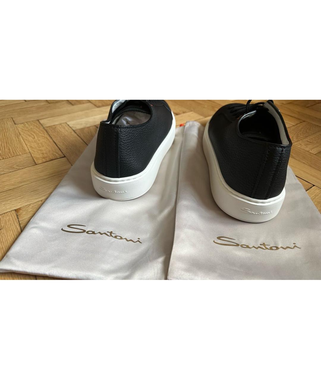 SANTONI Черные кожаные низкие кроссовки / кеды, фото 4