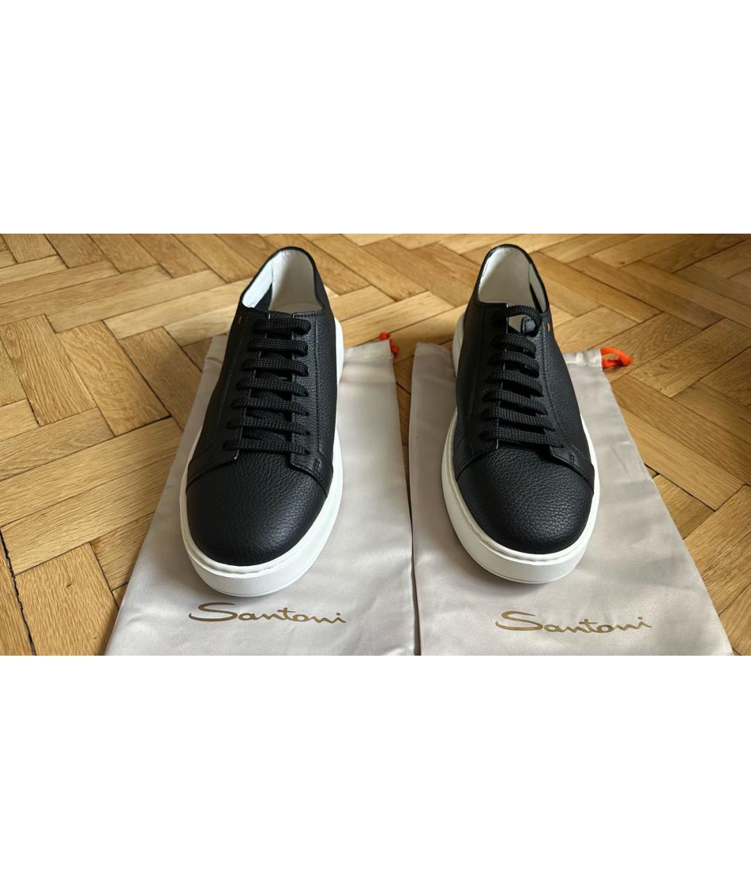 SANTONI Черные кожаные низкие кроссовки / кеды, фото 3