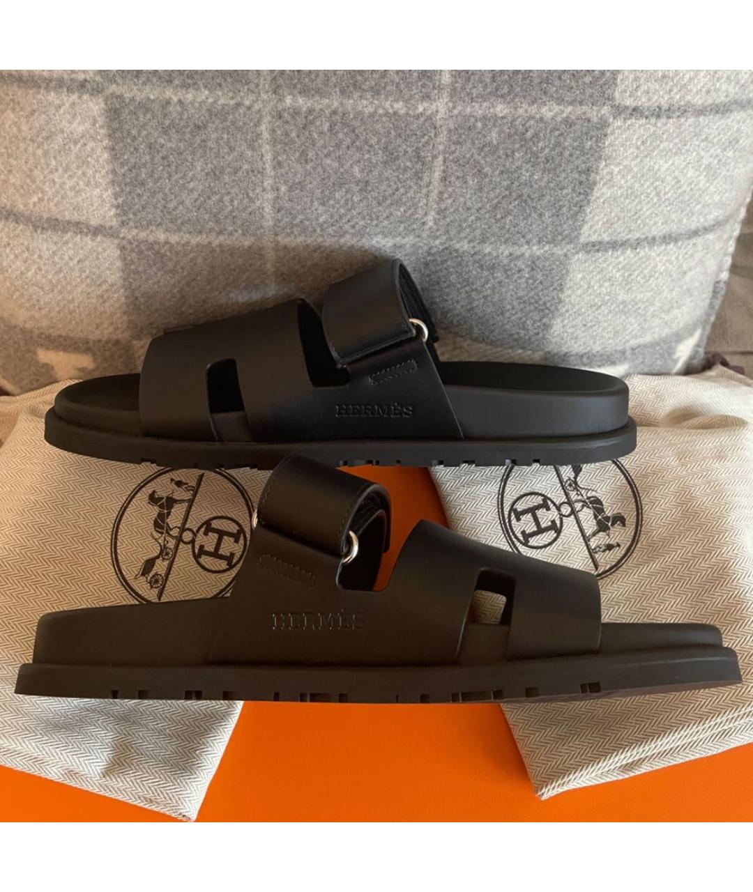 HERMES Черные кожаные сандалии, фото 4