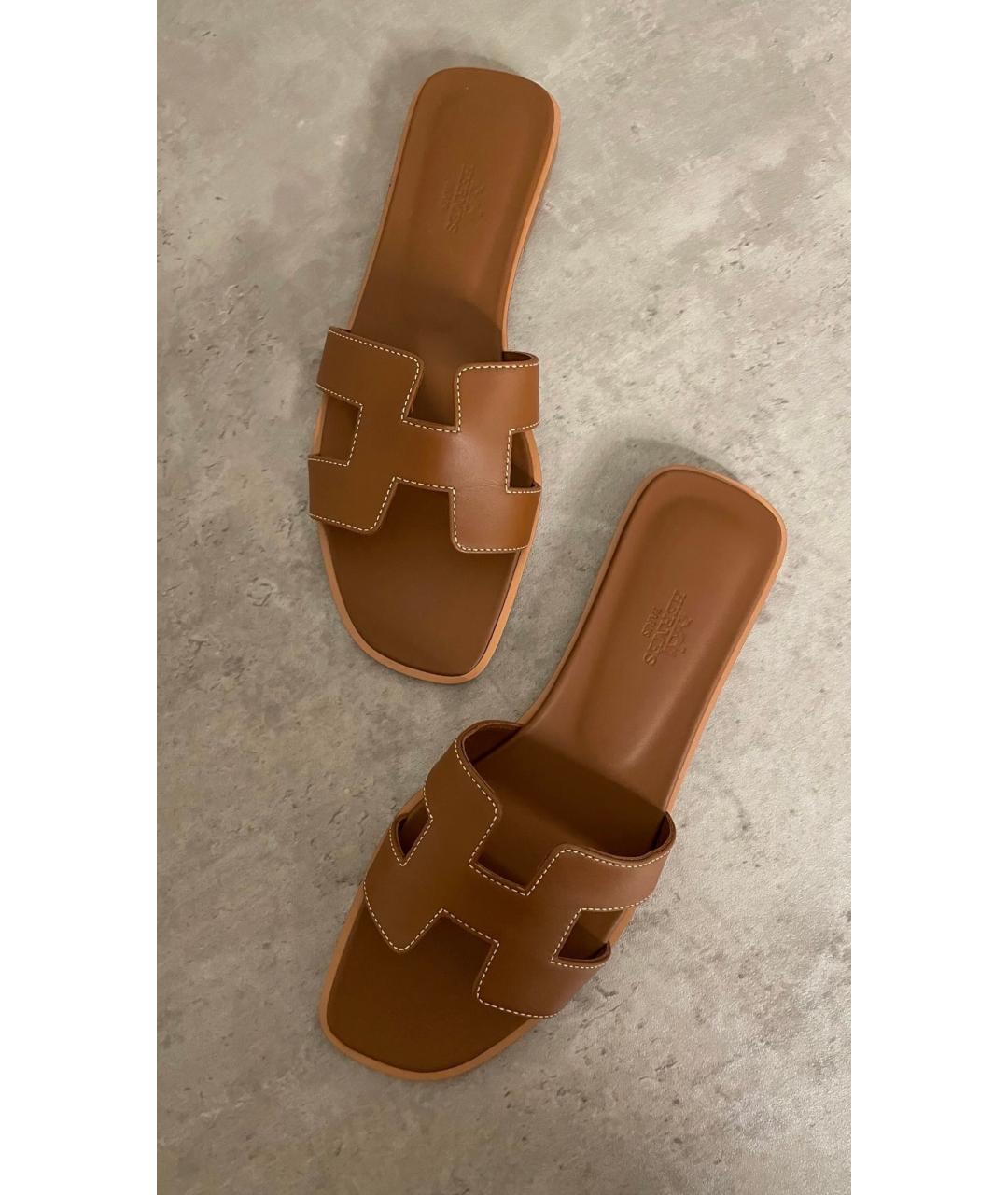 HERMES Коричневые кожаные шлепанцы, фото 3