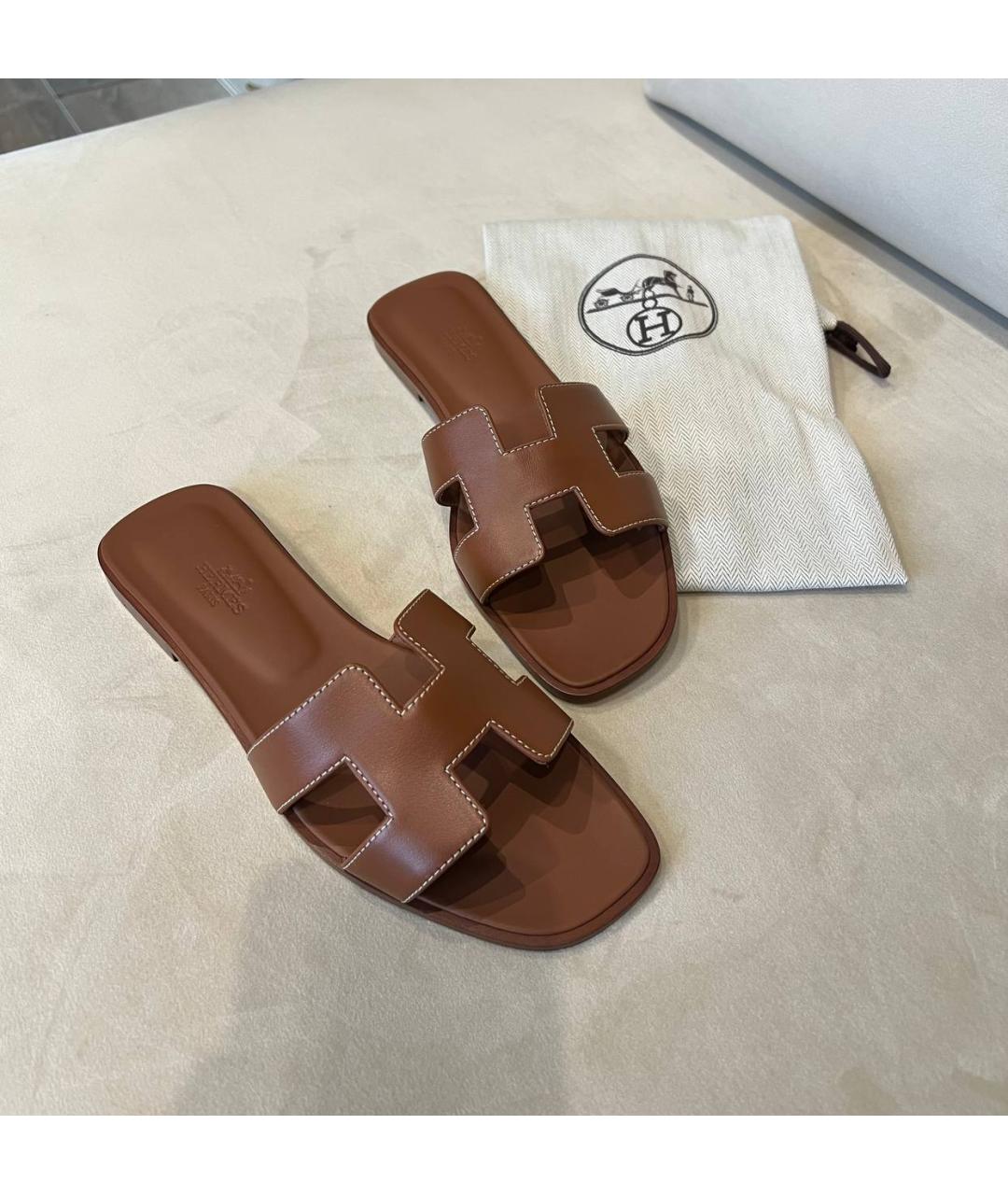 HERMES Коричневые кожаные шлепанцы, фото 4