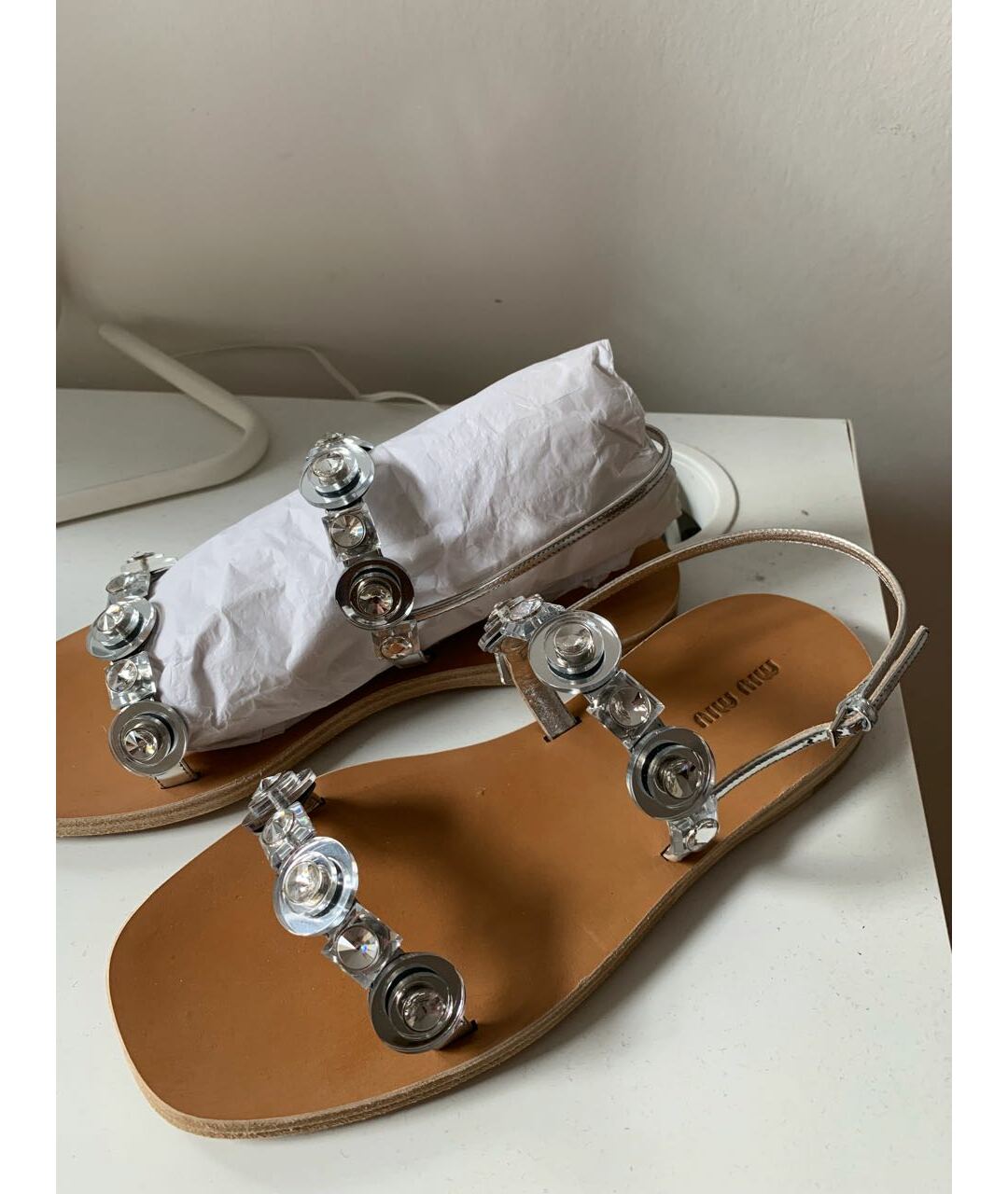 MIU MIU Серебряные кожаные босоножки, фото 5