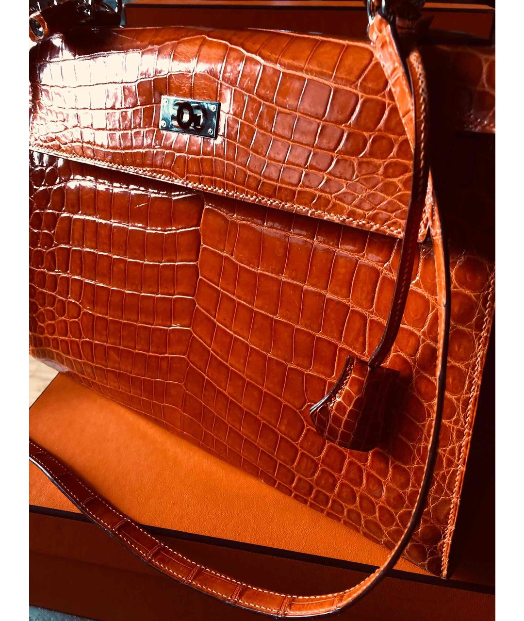 HERMES PRE-OWNED Оранжевая сумка с короткими ручками из экзотической кожи, фото 3