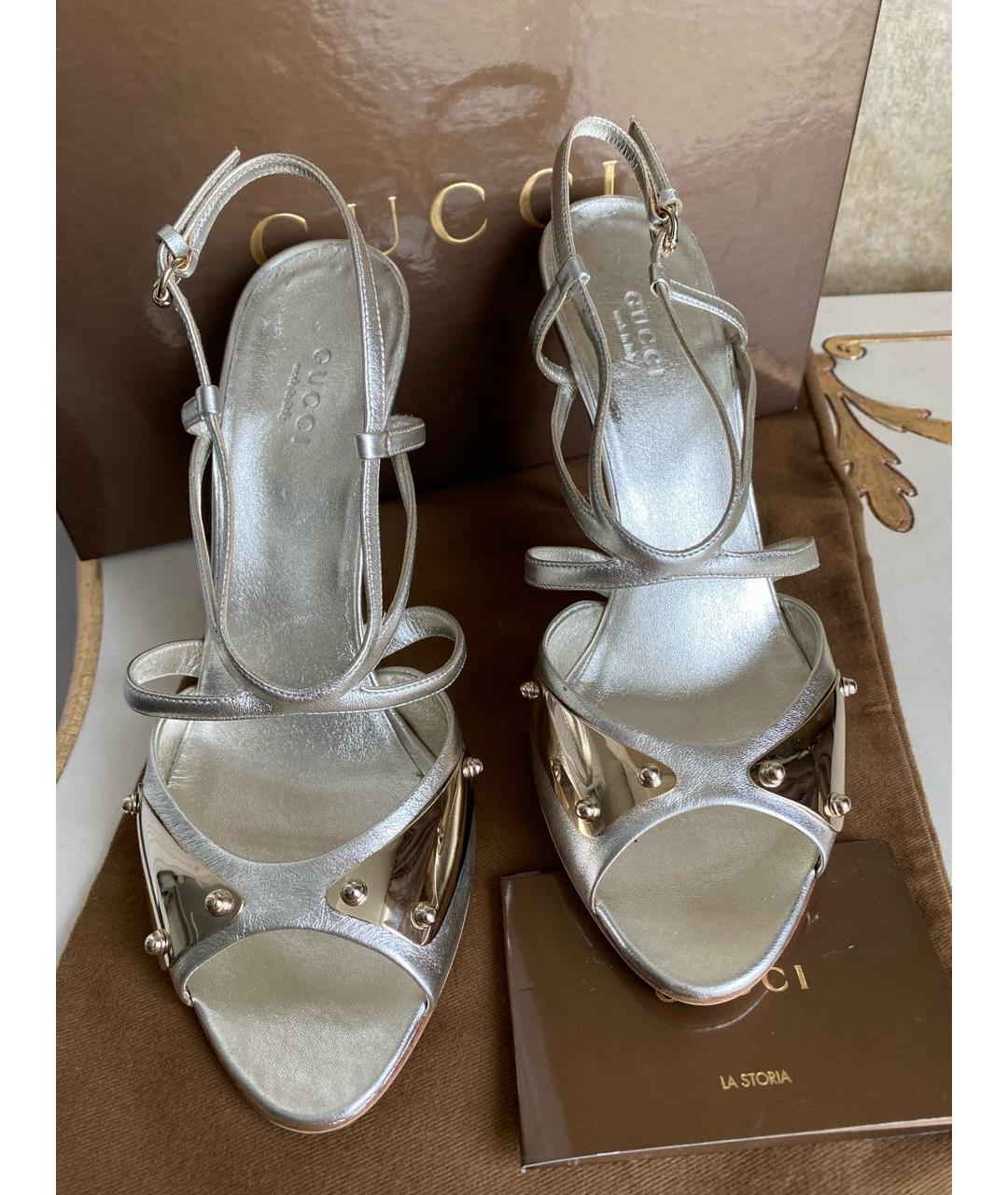 GUCCI Серебряные кожаные босоножки, фото 3