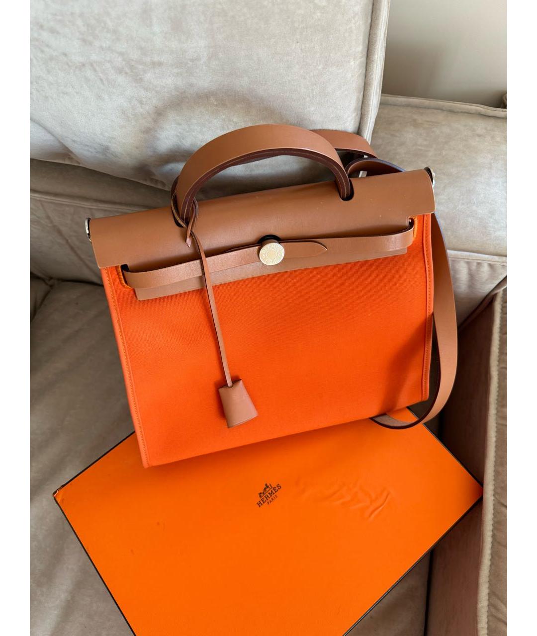 HERMES Оранжевая тканевая сумка с короткими ручками, фото 2