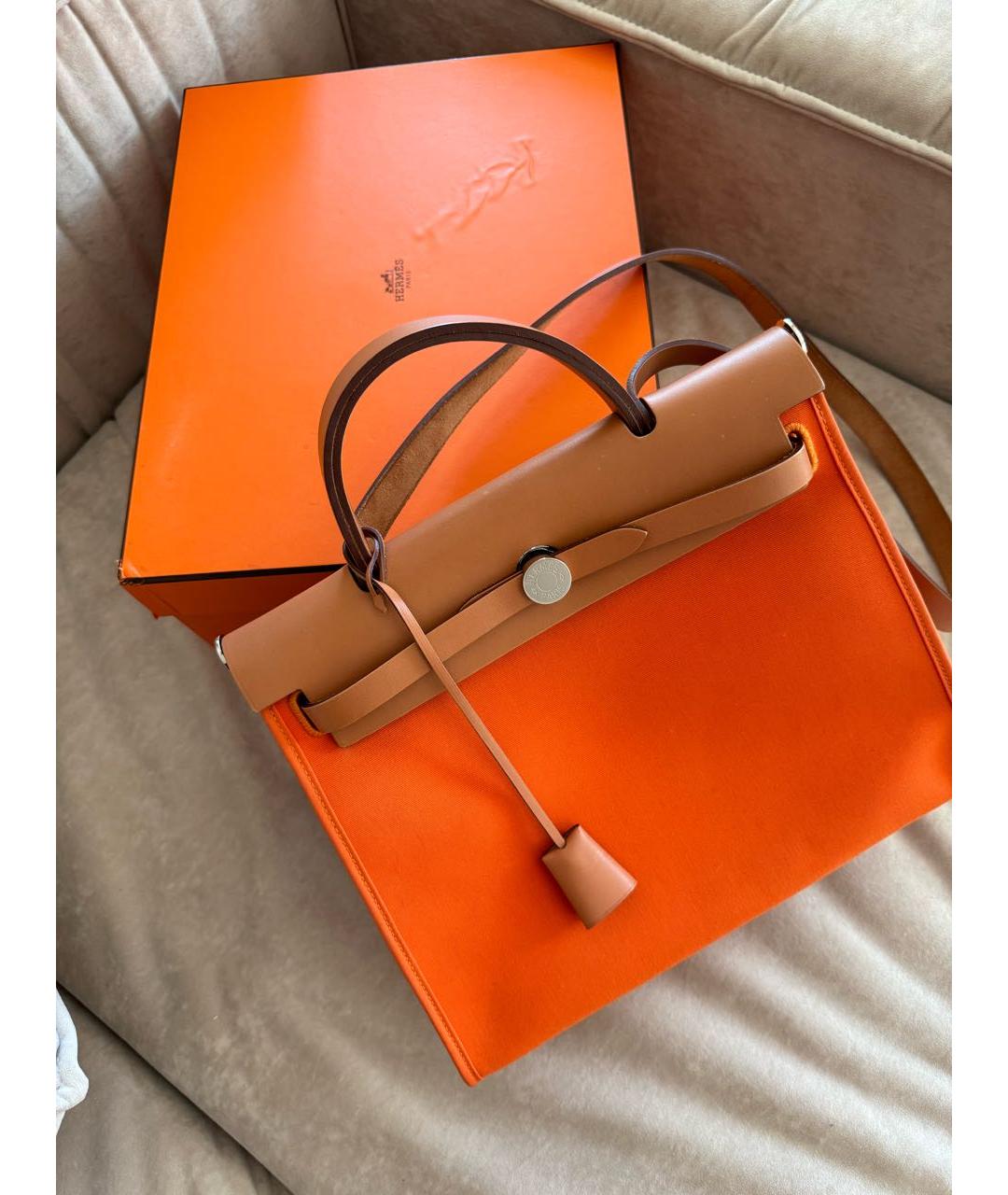 HERMES Оранжевая тканевая сумка с короткими ручками, фото 8