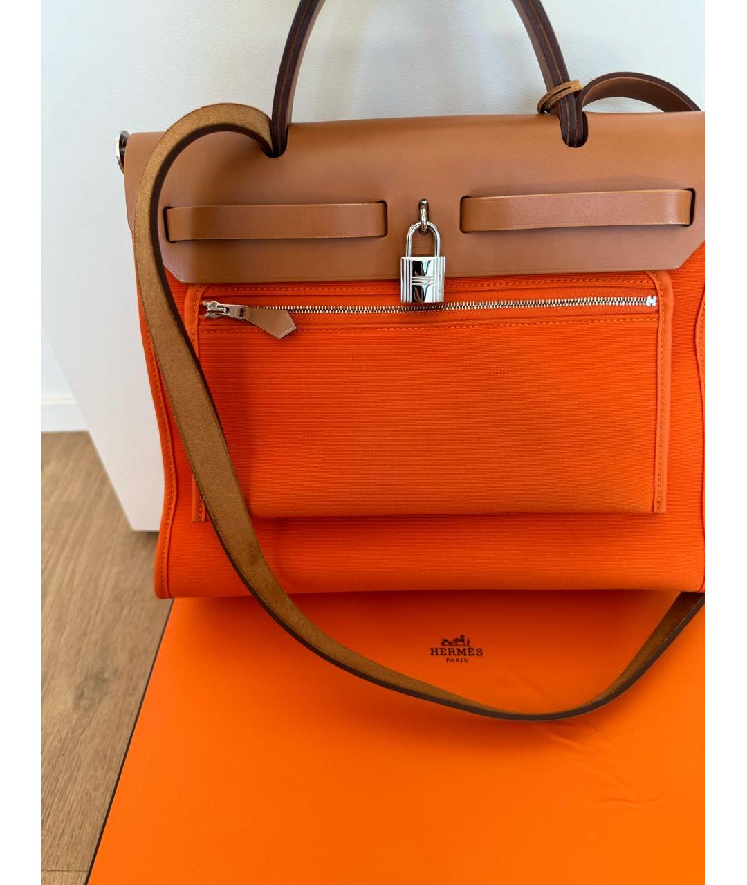 HERMES Оранжевая тканевая сумка с короткими ручками, фото 4