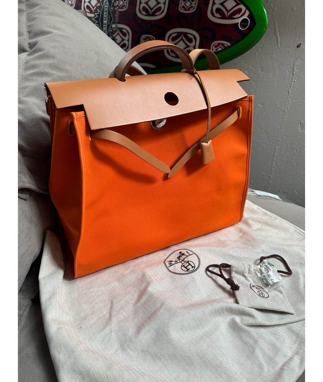 HERMES Оранжевая тканевая сумка с короткими ручками, фото 2