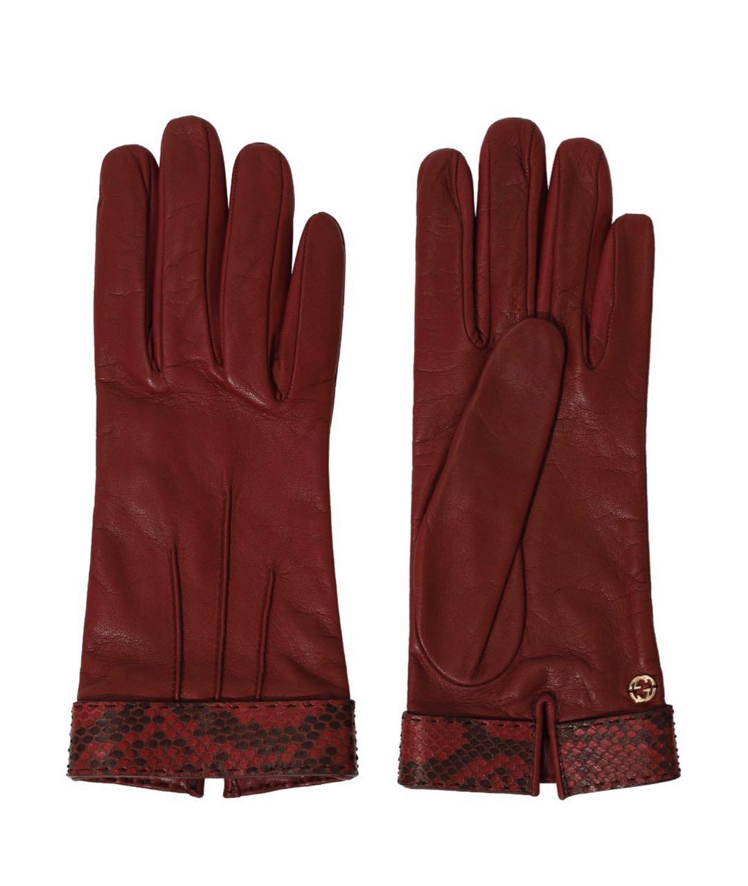 GUCCI Бордовые кожаные перчатки, фото 1