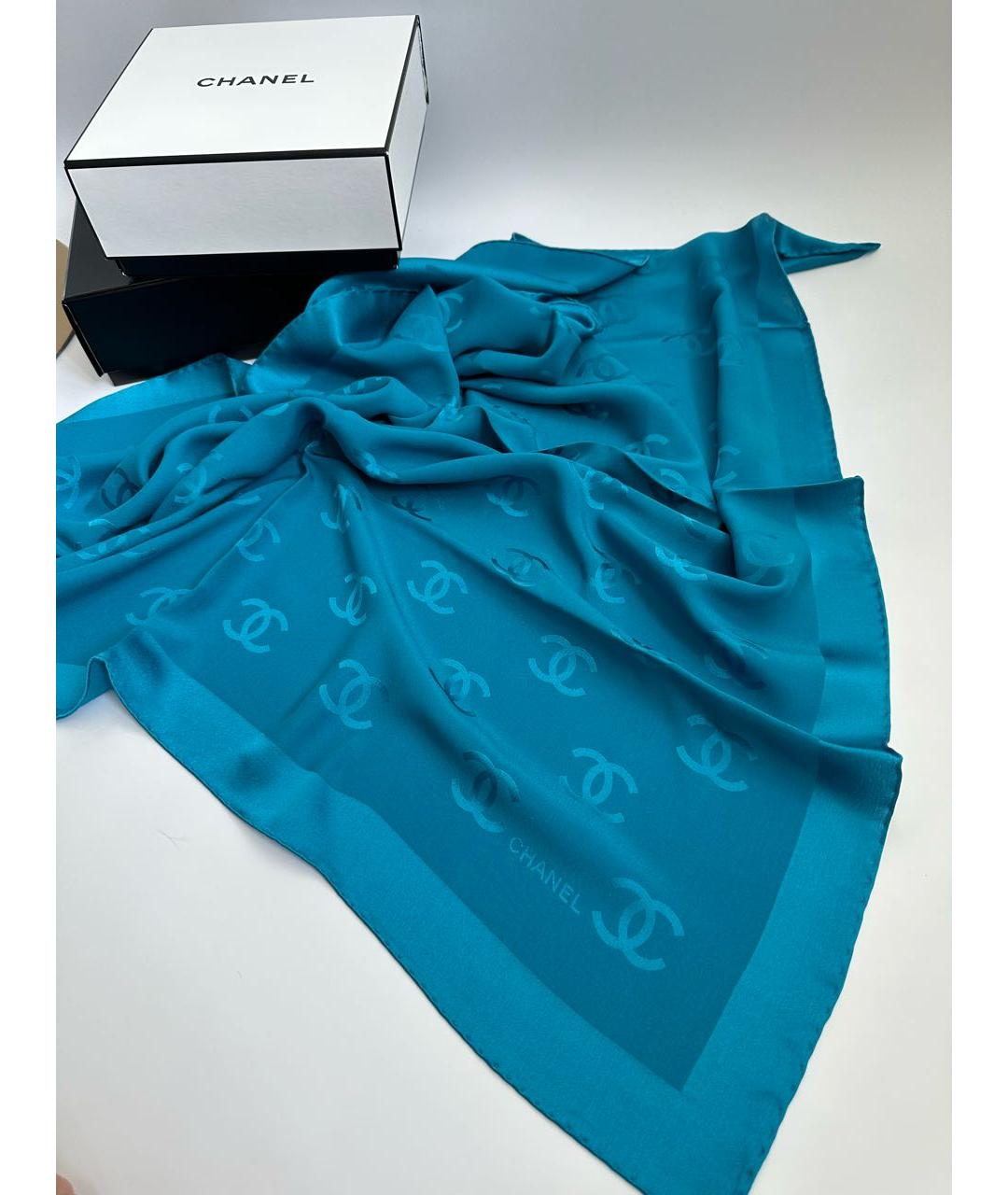 CHANEL PRE-OWNED Бирюзовый шелковый платок, фото 5