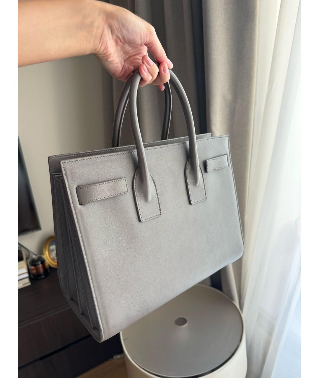 SAINT LAURENT Серая кожаная сумка с короткими ручками, фото 2