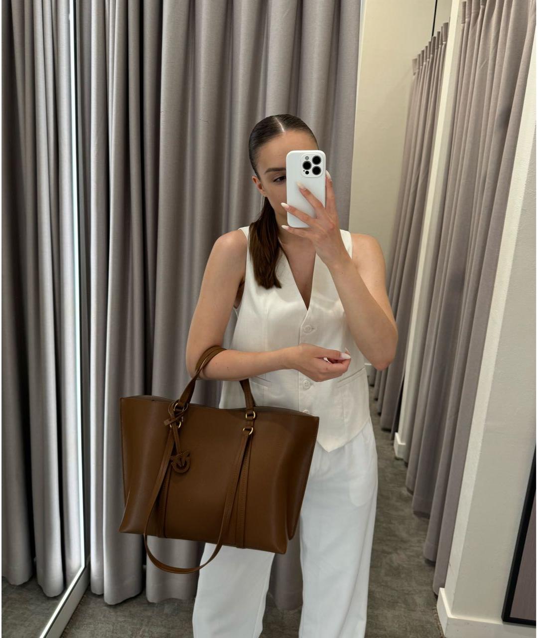 PINKO Коричневая кожаная сумка тоут, фото 5