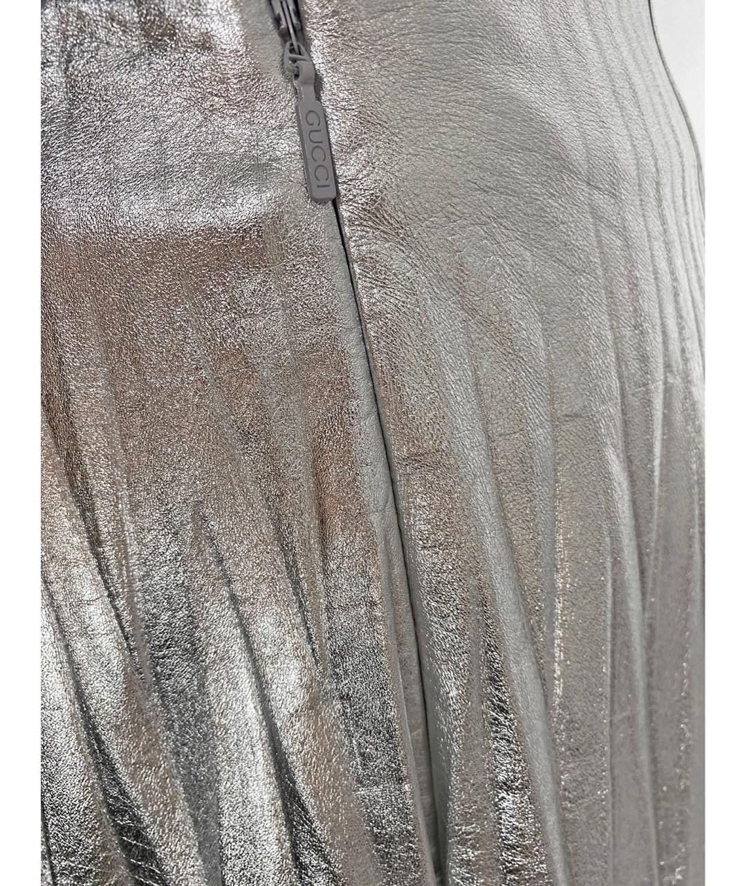 GUCCI Серебряная кожаная юбка миди, фото 5