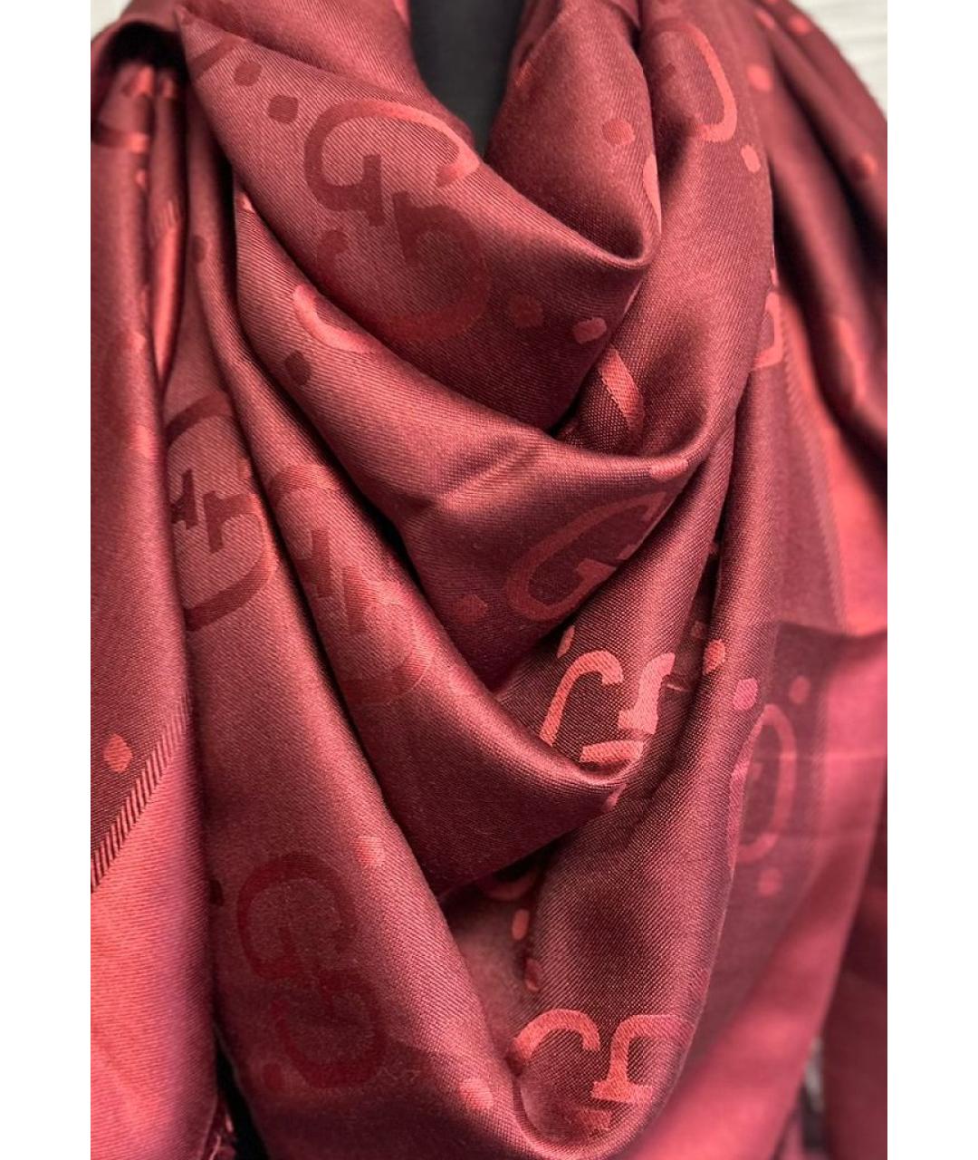 GUCCI Бордовый шерстяной платок, фото 4