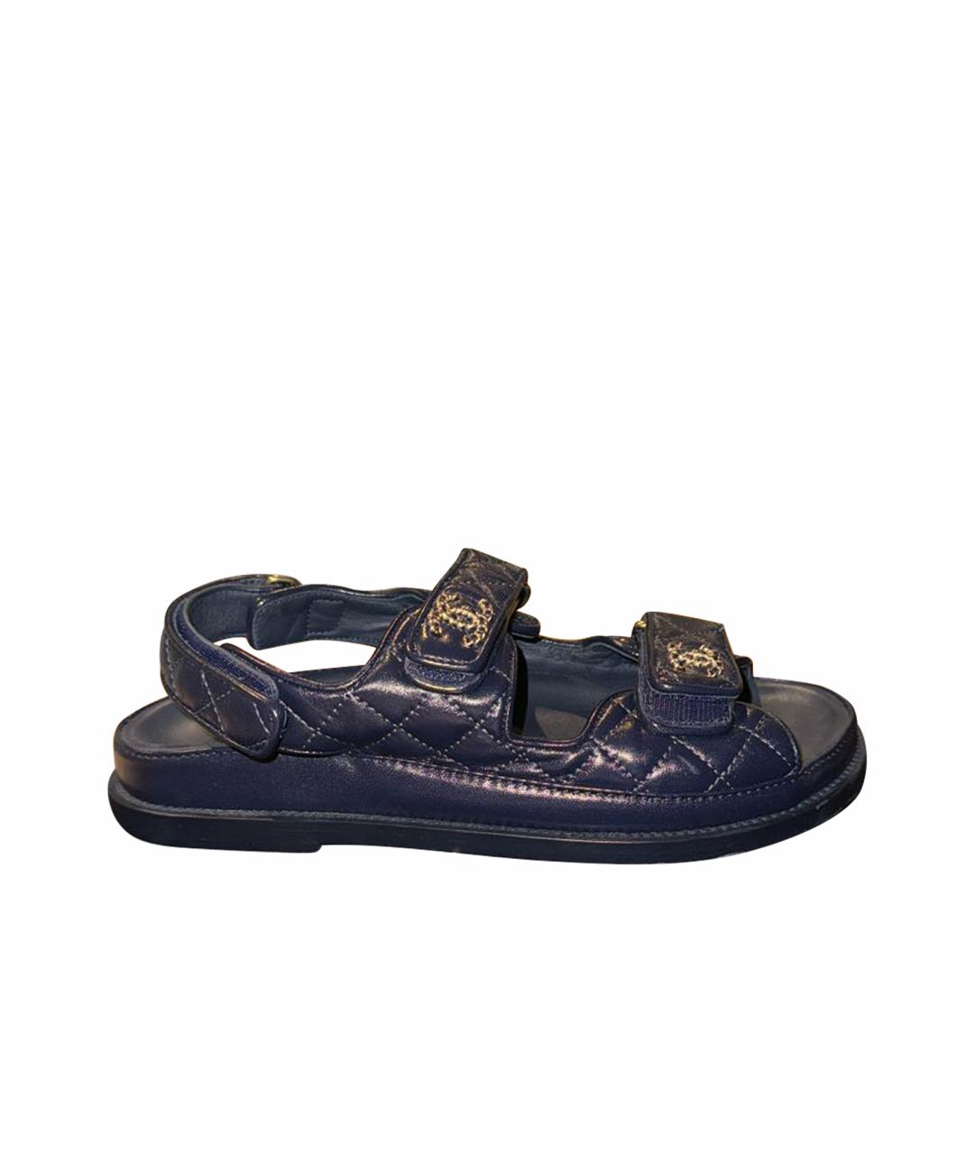 CHANEL Темно-синие кожаные сандалии, фото 1