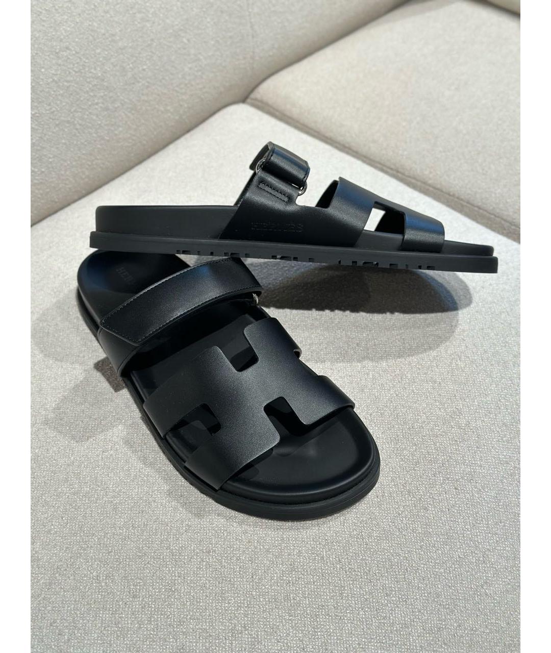 HERMES Черные кожаные сандалии, фото 2