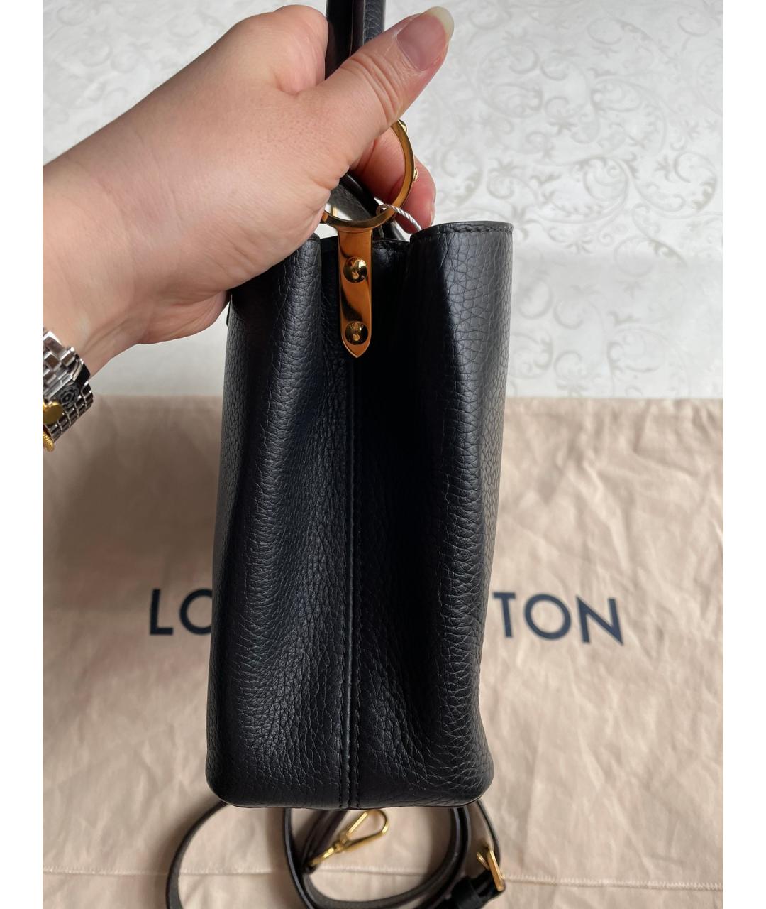 LOUIS VUITTON Черная кожаная сумка с короткими ручками, фото 5