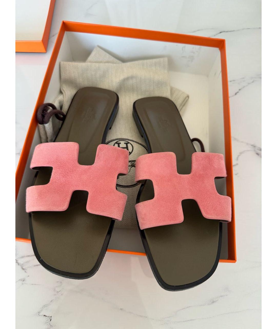 HERMES Розовые бархатные шлепанцы, фото 2