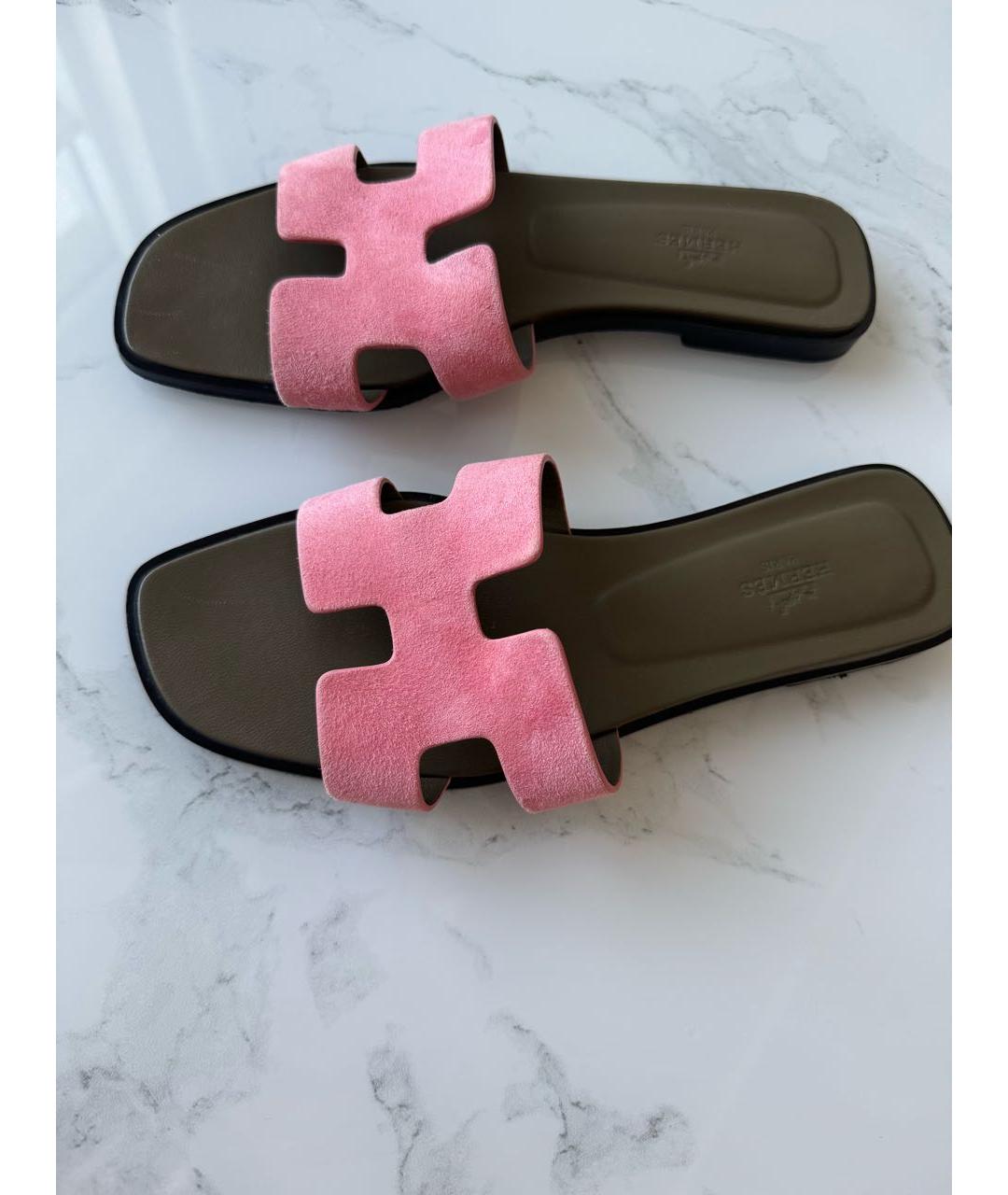 HERMES Розовые бархатные шлепанцы, фото 3