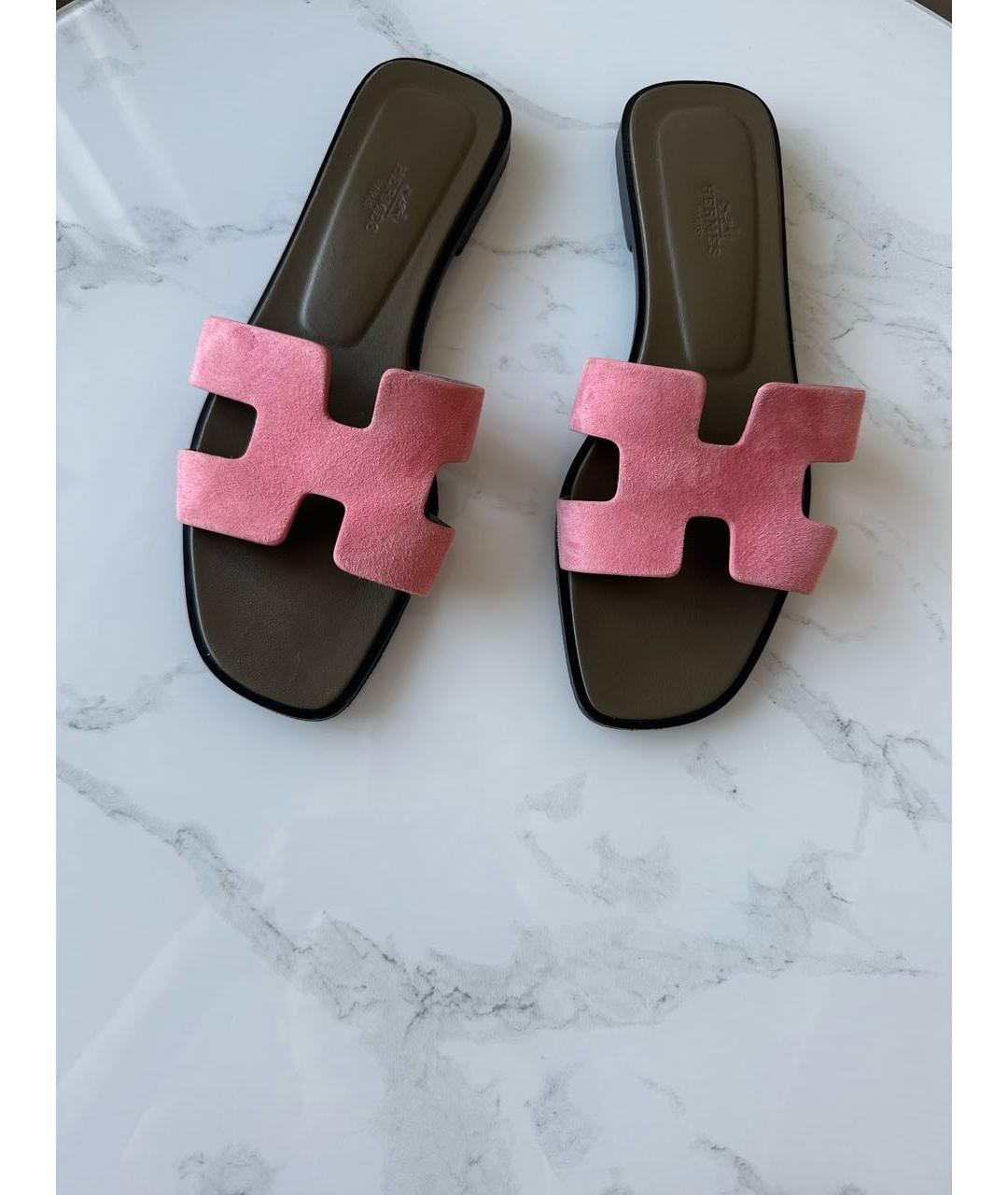 HERMES Розовые бархатные шлепанцы, фото 6