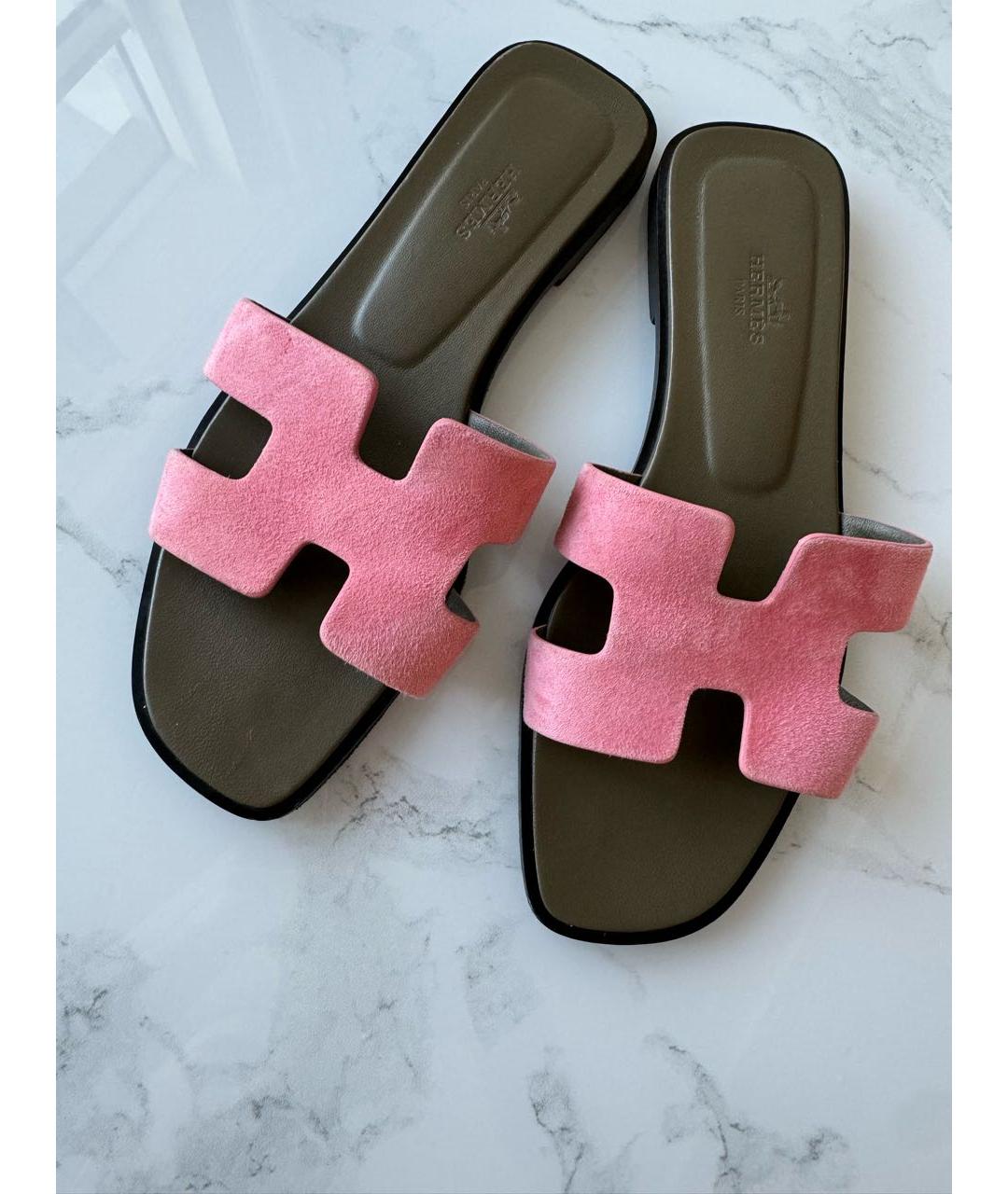 HERMES Розовые бархатные шлепанцы, фото 4