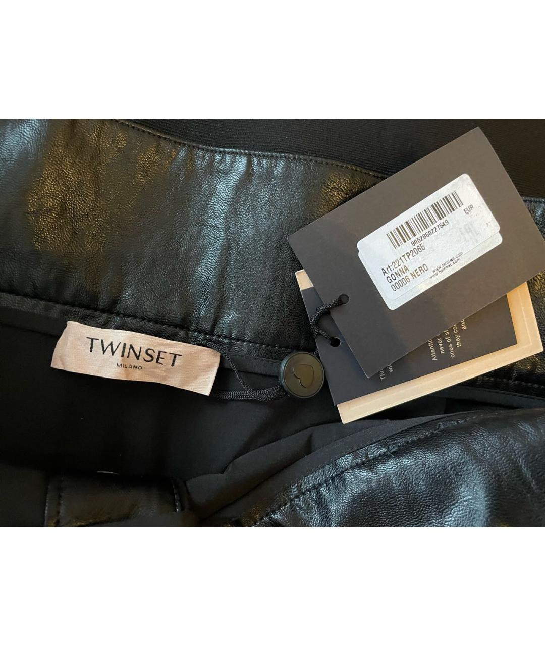 TWIN-SET Черная кожаная юбка миди, фото 5