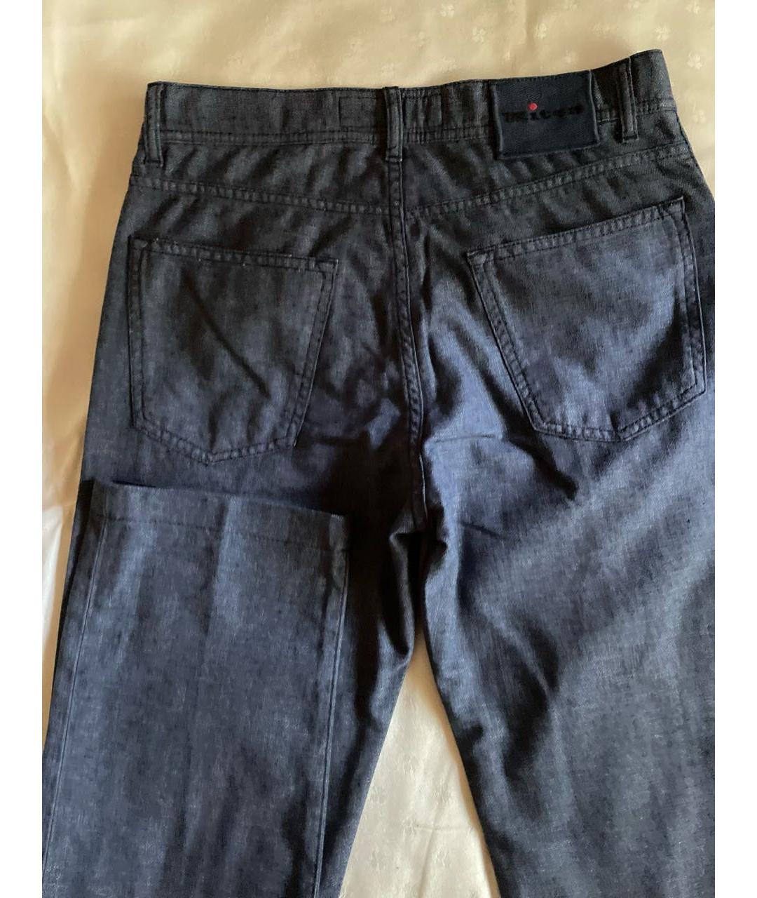 KITON Темно-синие хлопко-леновые прямые джинсы, фото 3