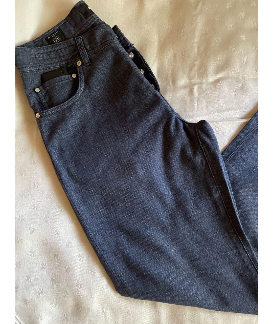 KITON Темно-синие хлопко-леновые прямые джинсы, фото 4