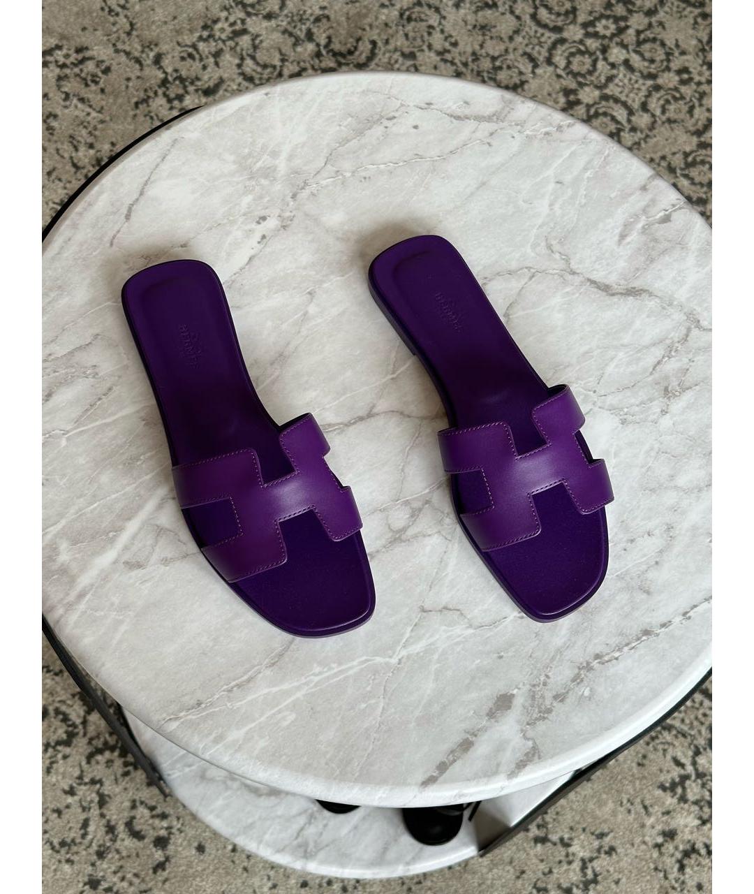 HERMES Фиолетовые кожаные шлепанцы, фото 4
