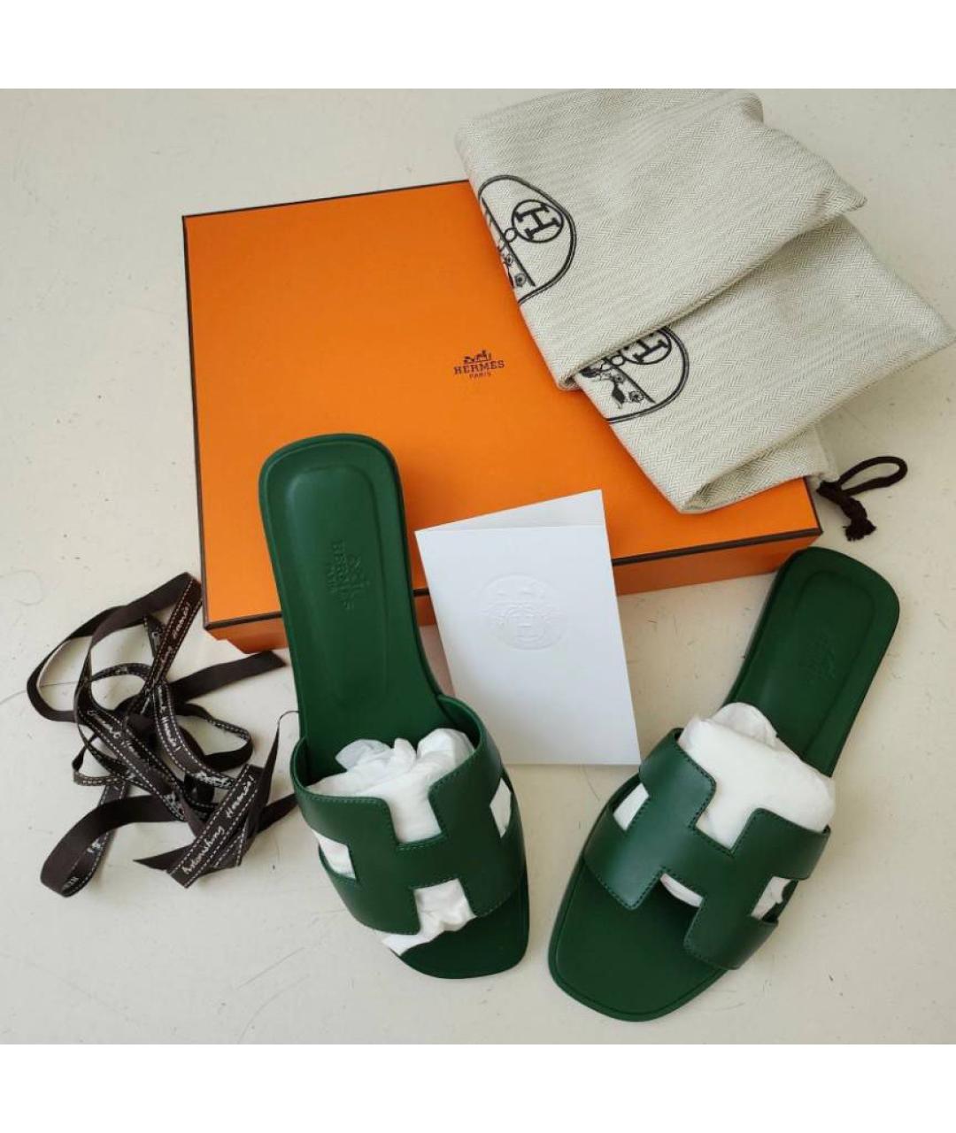 HERMES Зеленые кожаные сандалии, фото 4