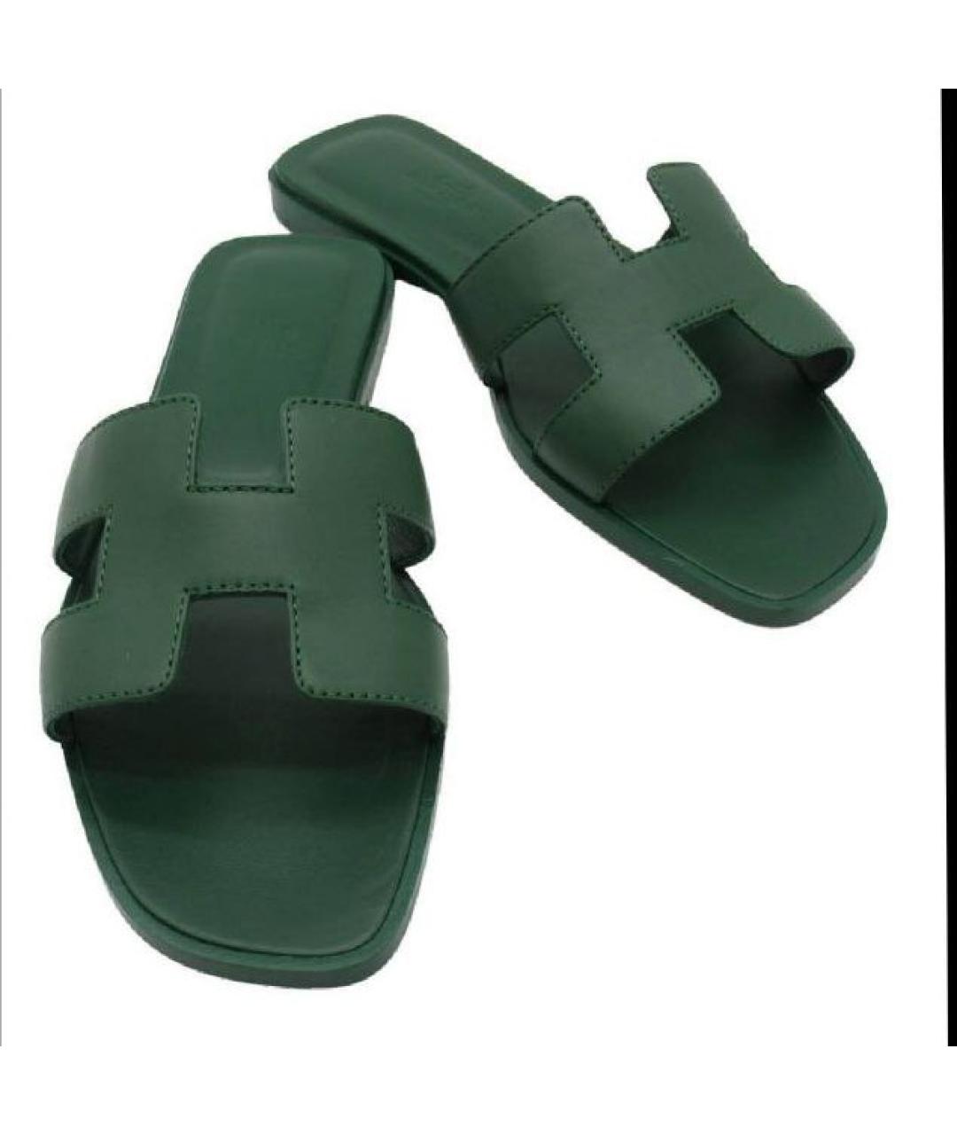 HERMES Зеленые кожаные сандалии, фото 3