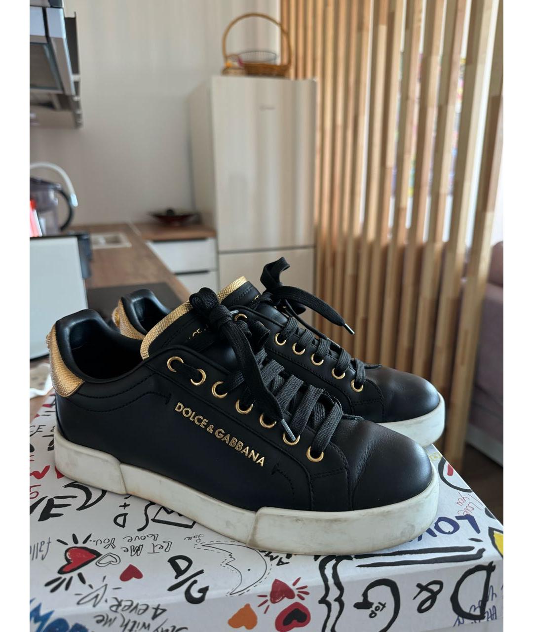 DOLCE&GABBANA Черные кожаные кеды, фото 2