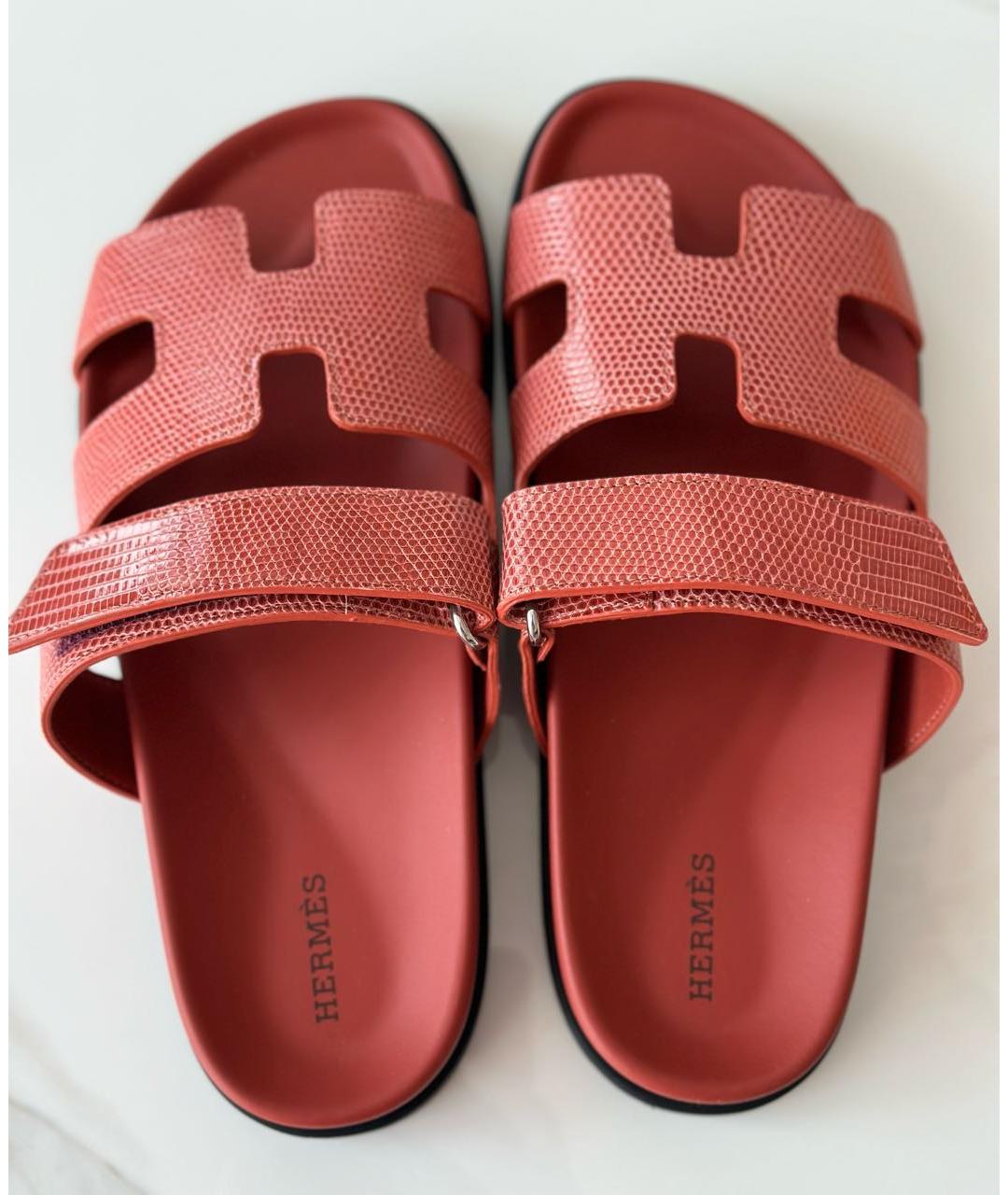 HERMES Коралловые шлепанцы из экзотической кожи, фото 3