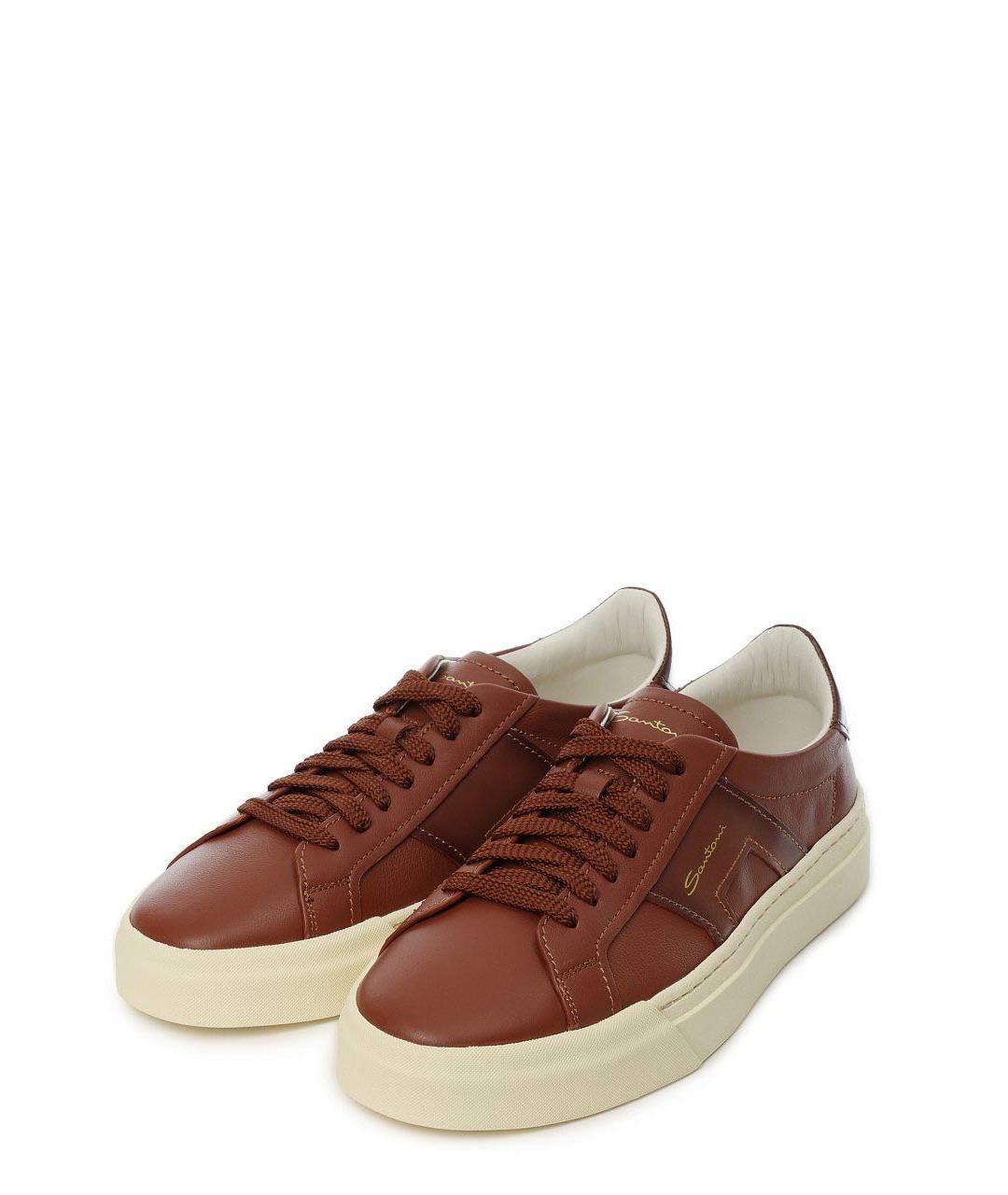 SANTONI Коричневые кожаные низкие кроссовки / кеды, фото 4