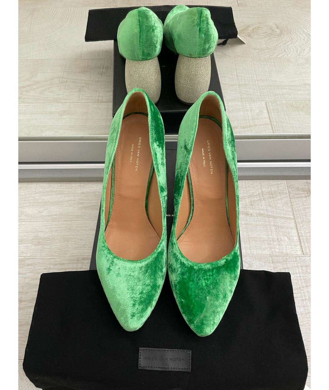 DRIES VAN NOTEN Зеленые бархатные туфли, фото 2