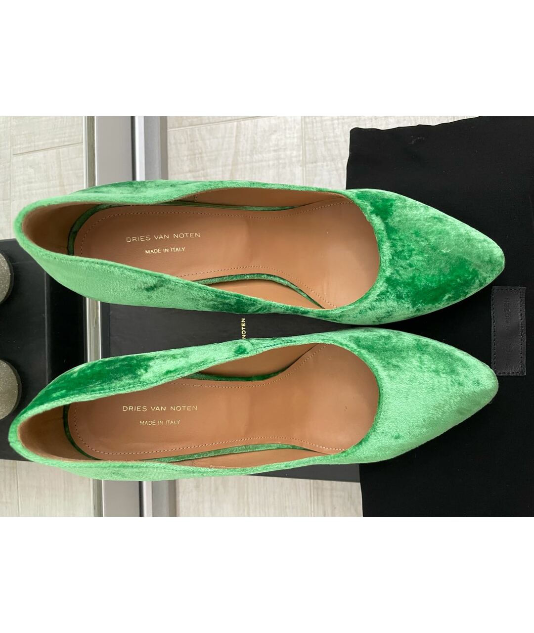 DRIES VAN NOTEN Зеленые бархатные туфли, фото 6
