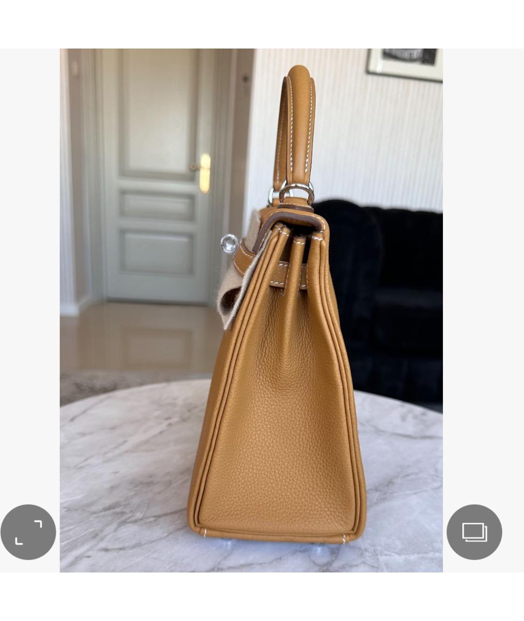 HERMES Горчичная кожаная сумка с короткими ручками, фото 5