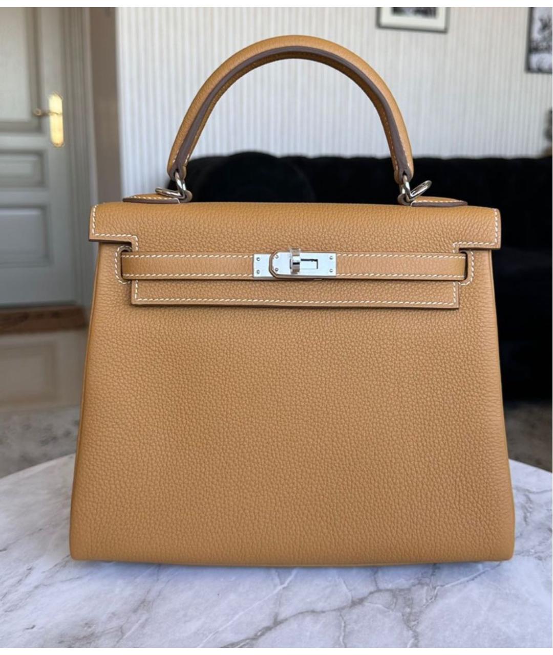 HERMES Горчичная кожаная сумка с короткими ручками, фото 2