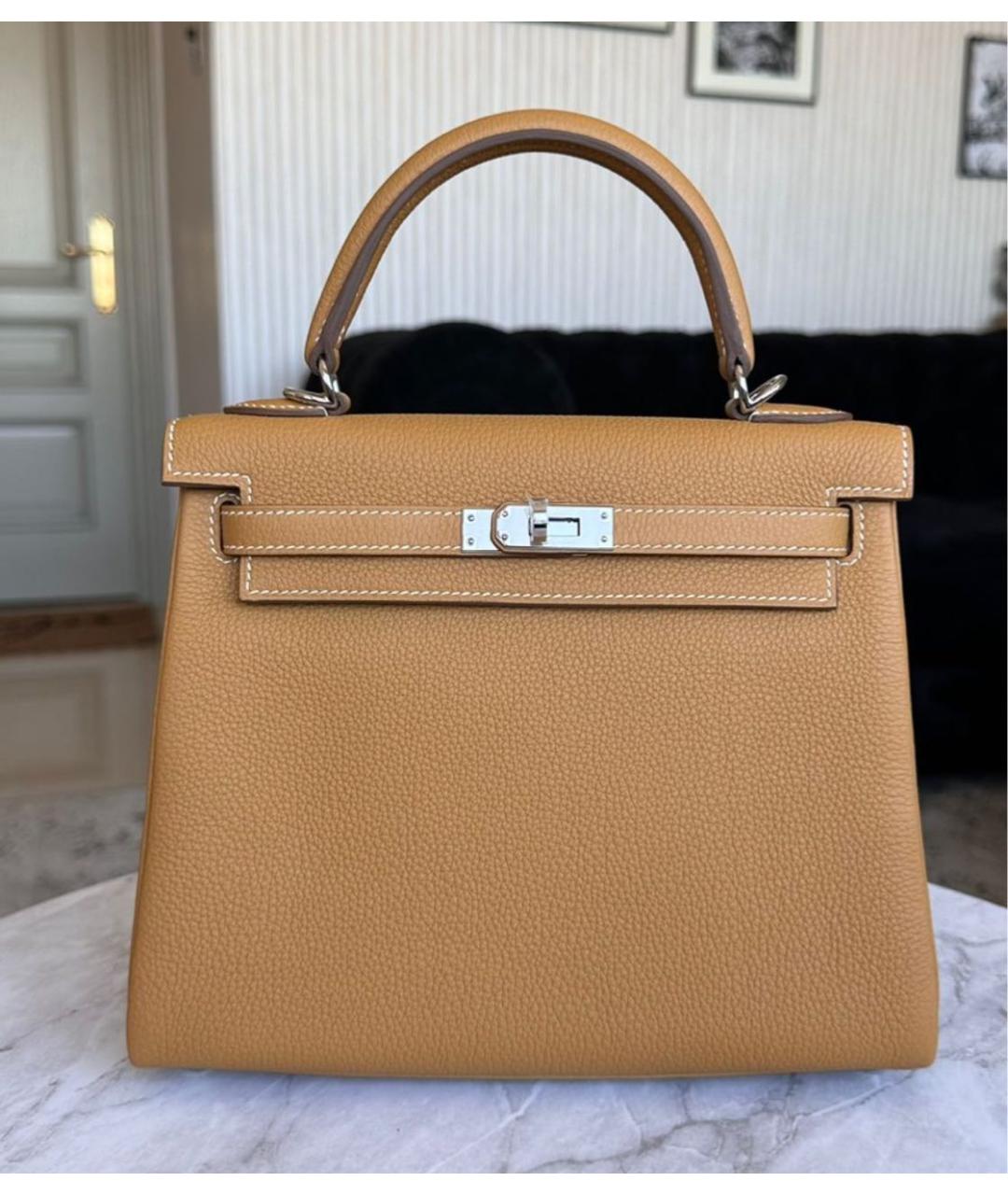 HERMES Горчичная кожаная сумка с короткими ручками, фото 6