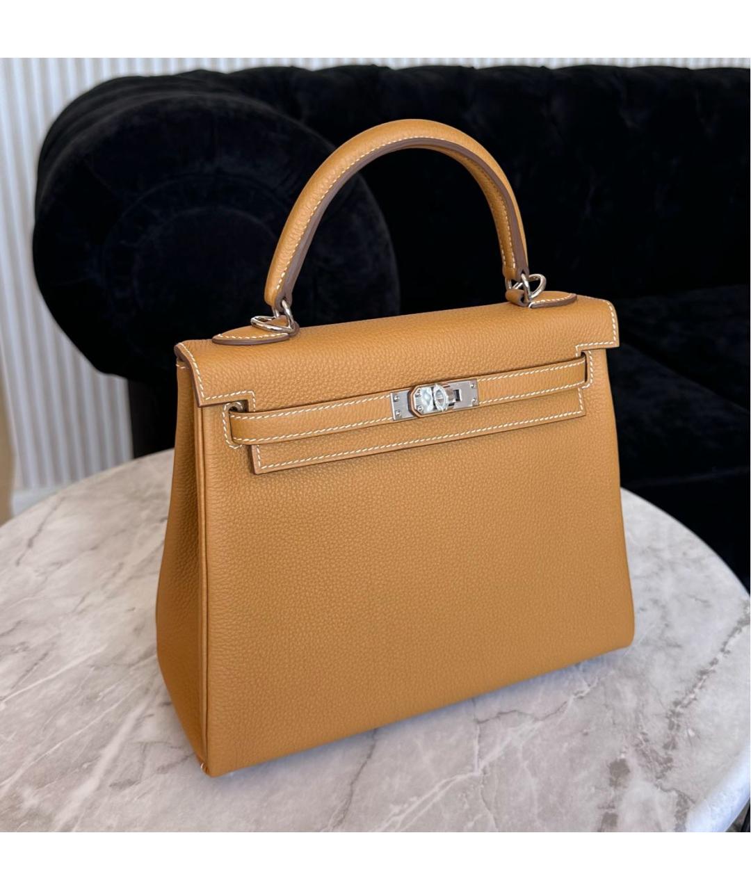 HERMES Горчичная кожаная сумка с короткими ручками, фото 3
