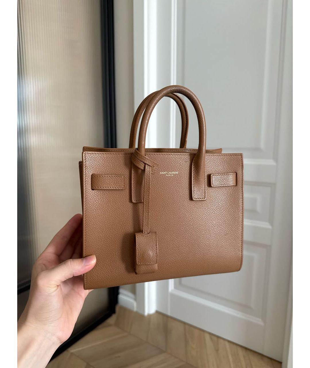 SAINT LAURENT Коричневая кожаная сумка с короткими ручками, фото 2