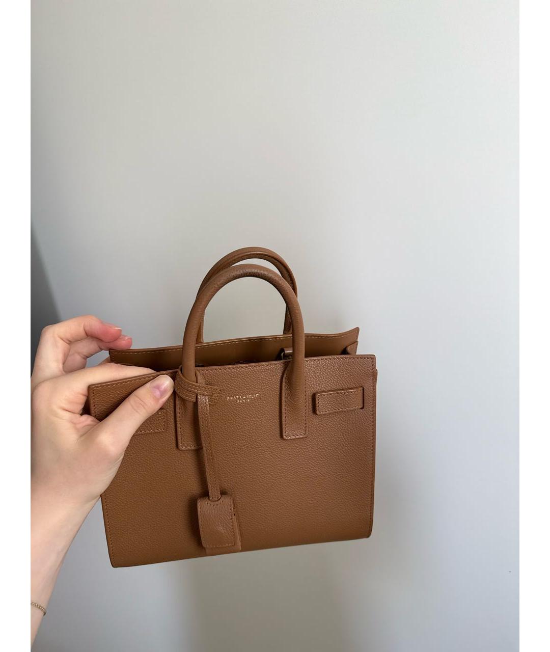 SAINT LAURENT Коричневая кожаная сумка с короткими ручками, фото 7