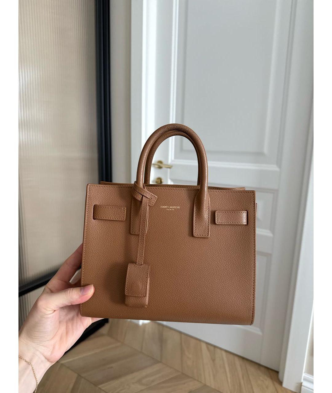 SAINT LAURENT Коричневая кожаная сумка с короткими ручками, фото 8