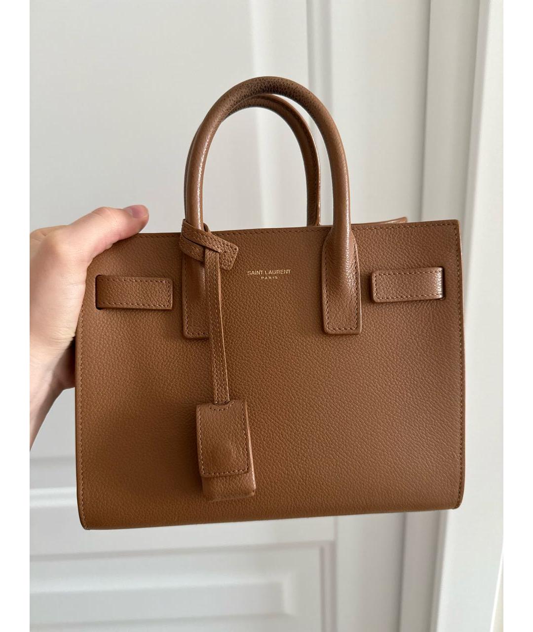 SAINT LAURENT Коричневая кожаная сумка с короткими ручками, фото 5