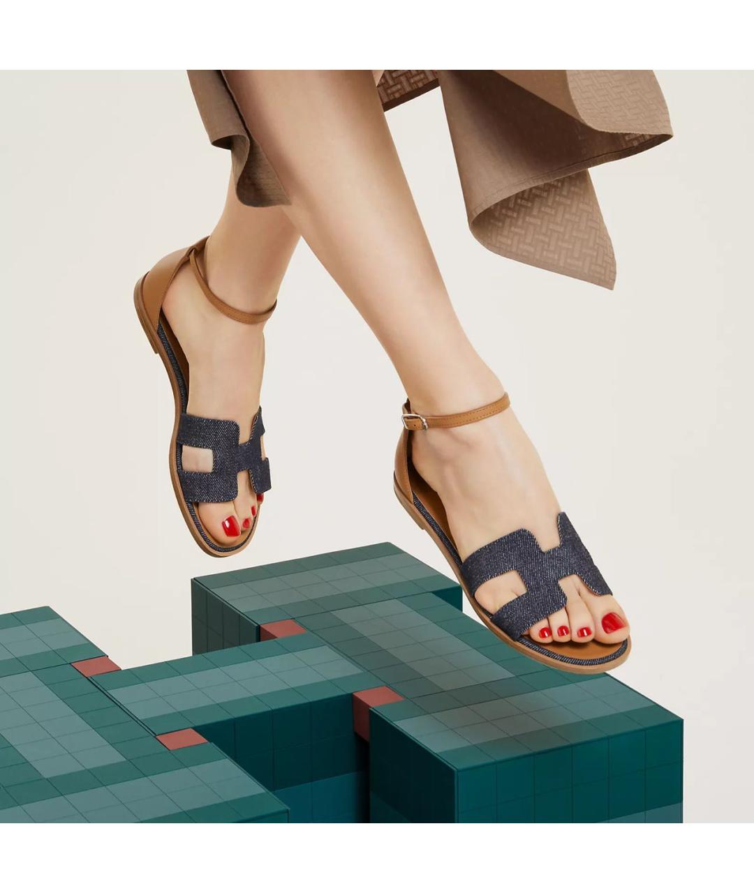 HERMES Синие текстильные сандалии, фото 4