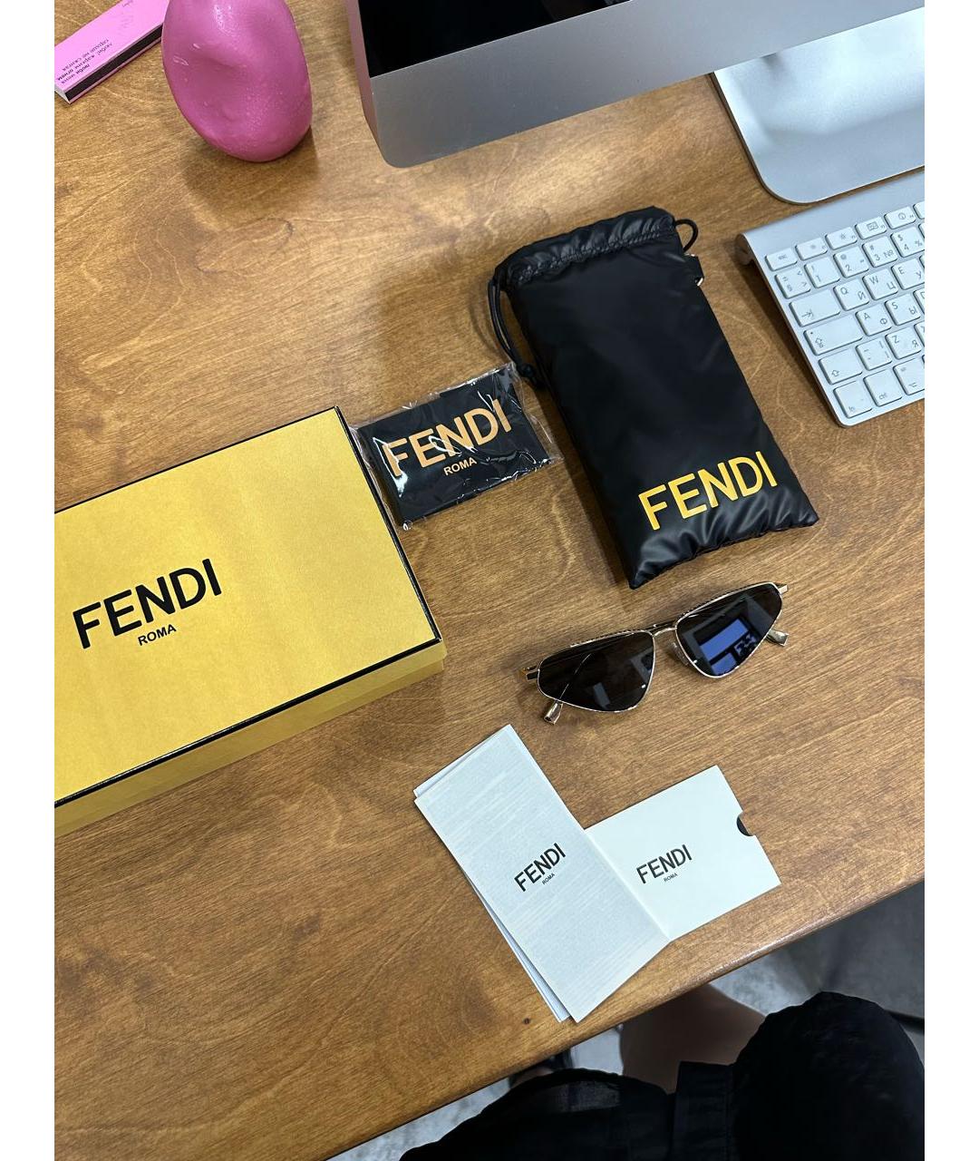 FENDI Золотые металлические солнцезащитные очки, фото 4