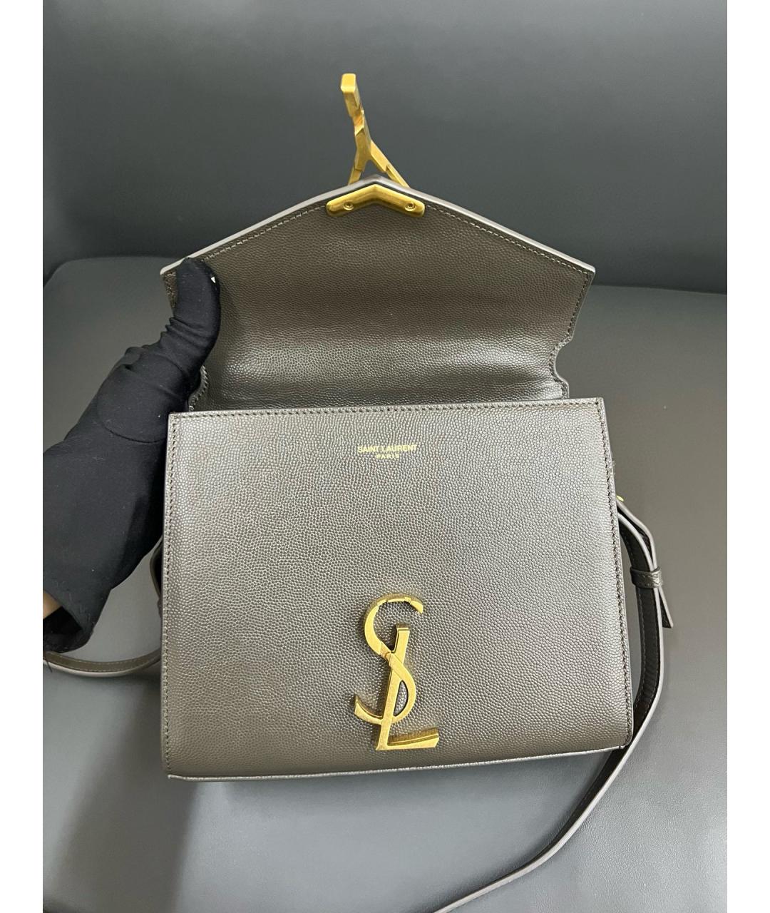SAINT LAURENT Серая кожаная сумка с короткими ручками, фото 6