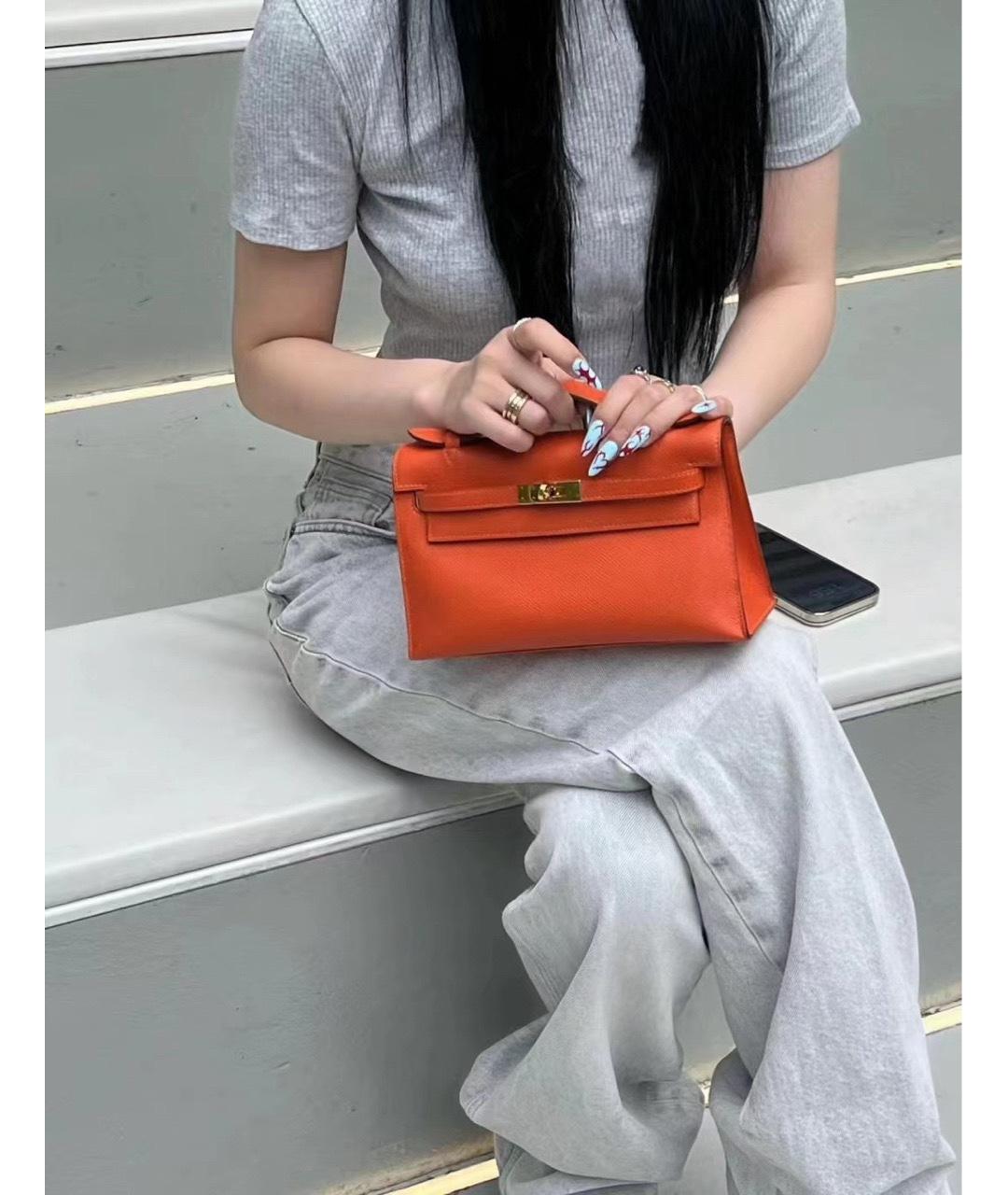 HERMES Оранжевая кожаная сумка с короткими ручками, фото 8