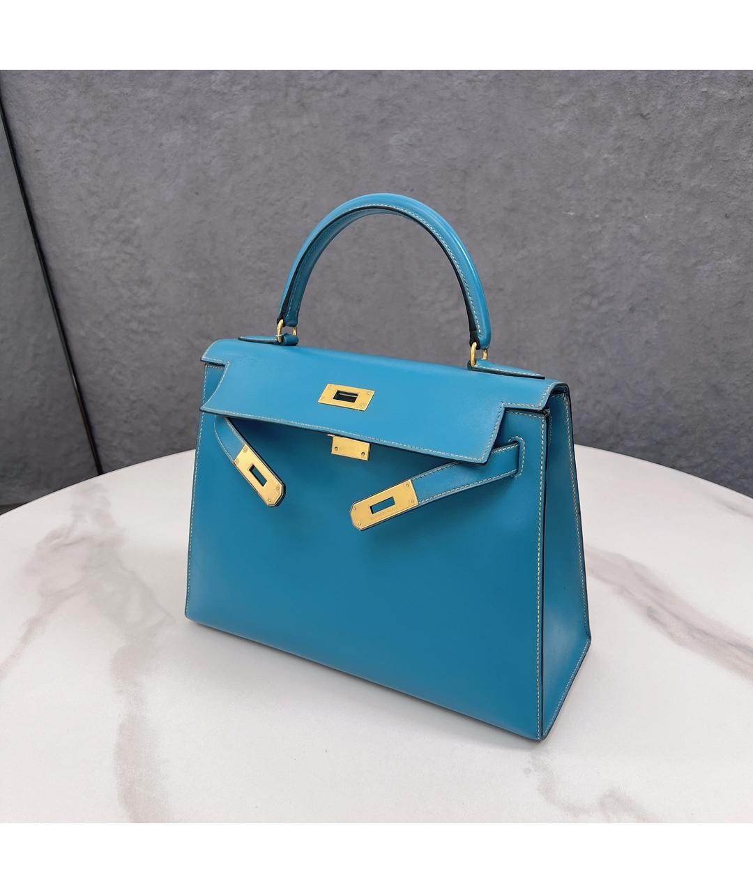 HERMES Голубая кожаная сумка с короткими ручками, фото 6